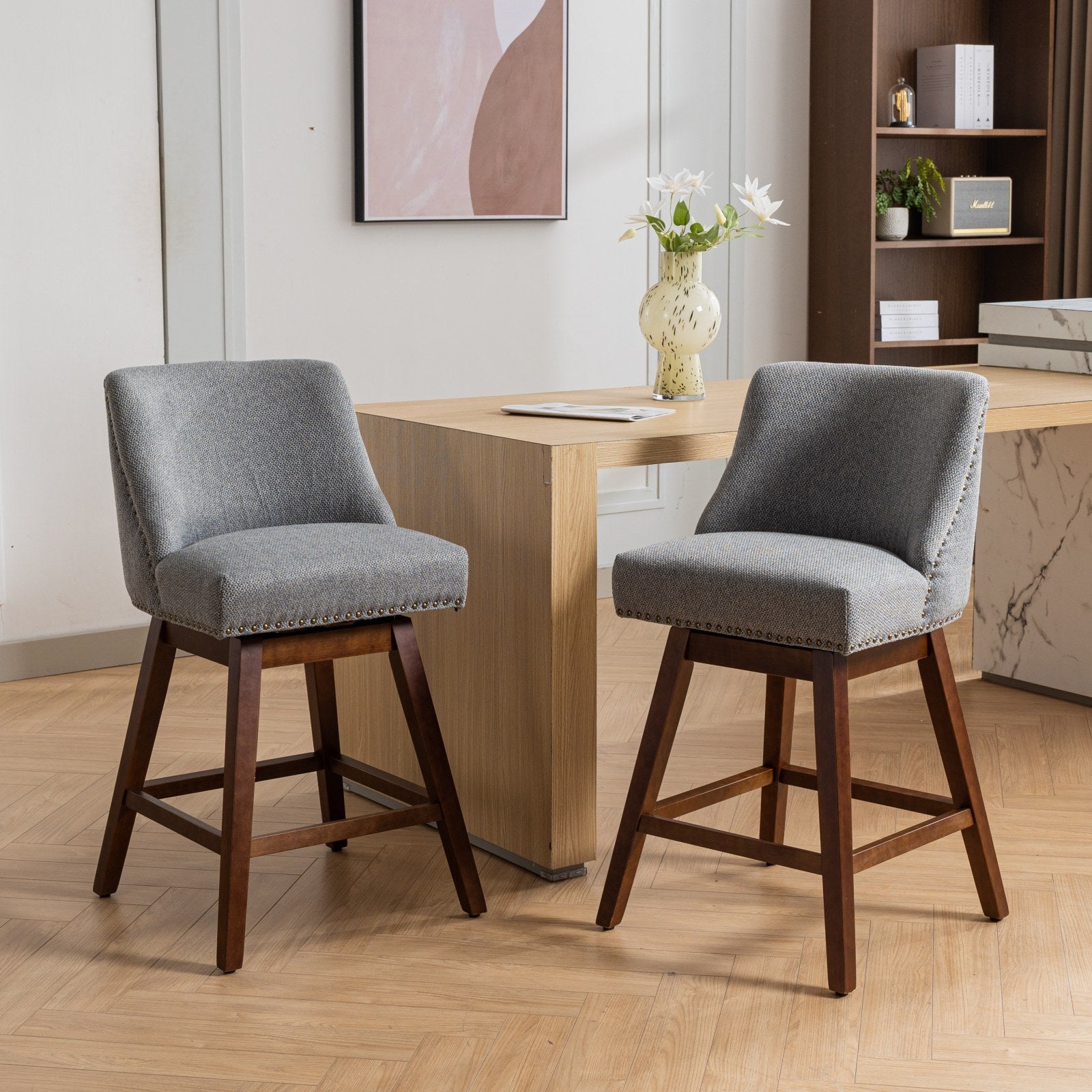 Upholstered Swivel Counter Height Bar Stools with Nailhead Trim (Set of 2)