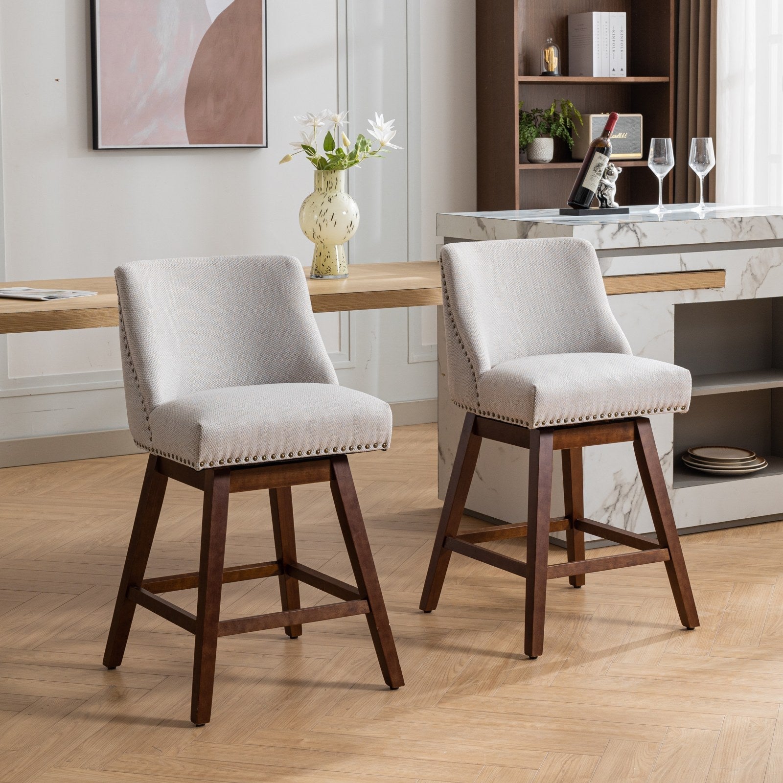 Upholstered Swivel Counter Height Bar Stools with Nailhead Trim (Set of 2)