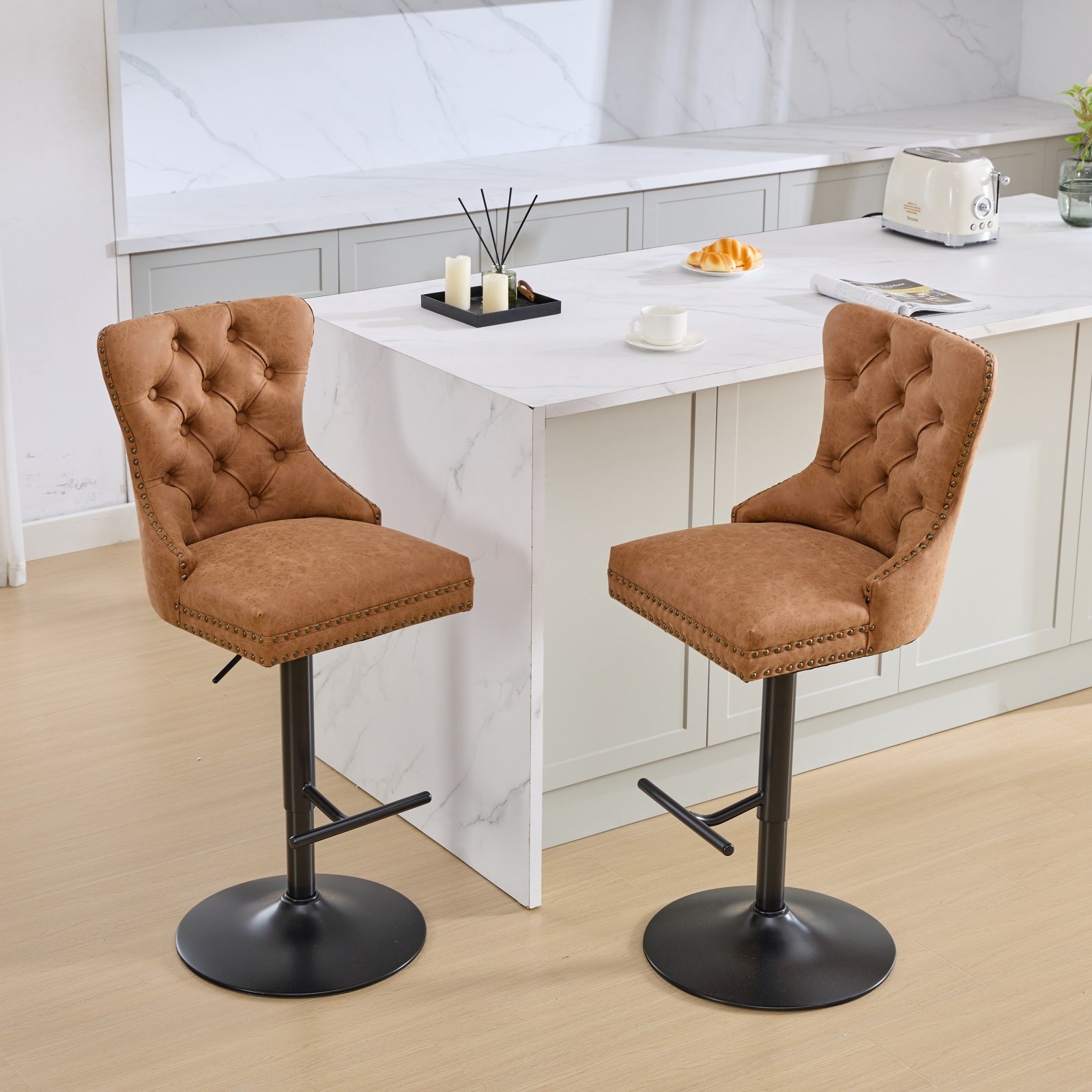 Aged and Retro PU Swivel Barstools Adjusatble Seat Height (Set of 2)