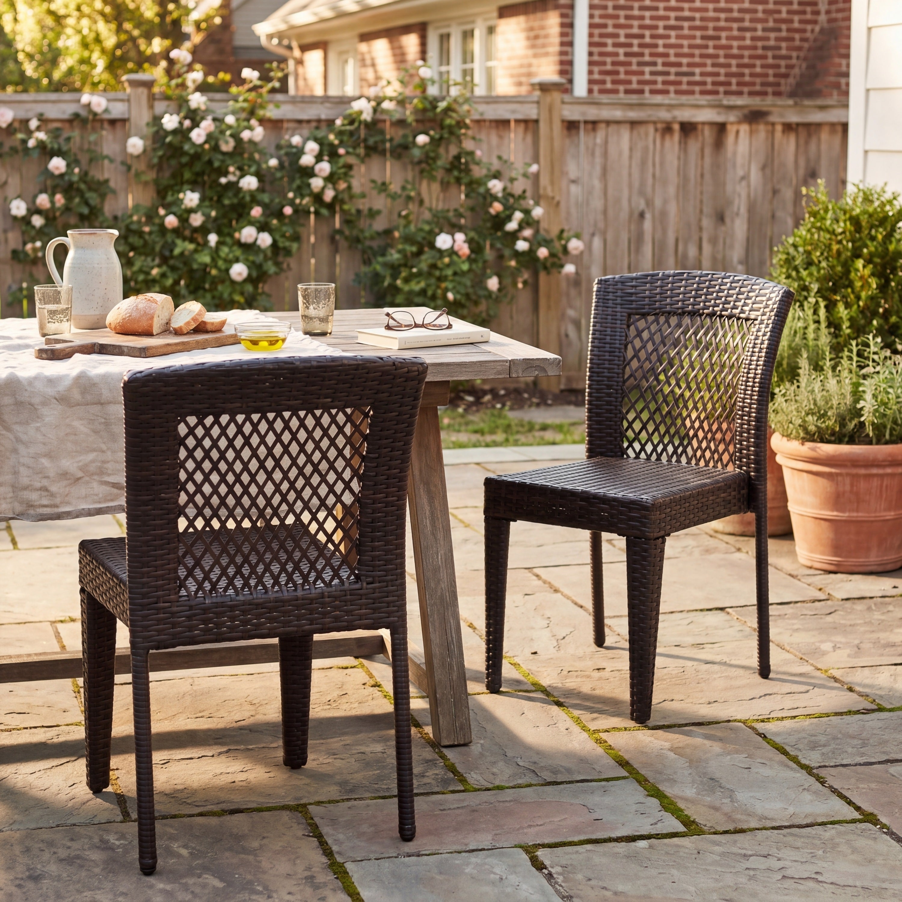 Outdoor Dining Chairs Set of Stackable UV Resistant Rattan Steel Frame Patio Garden