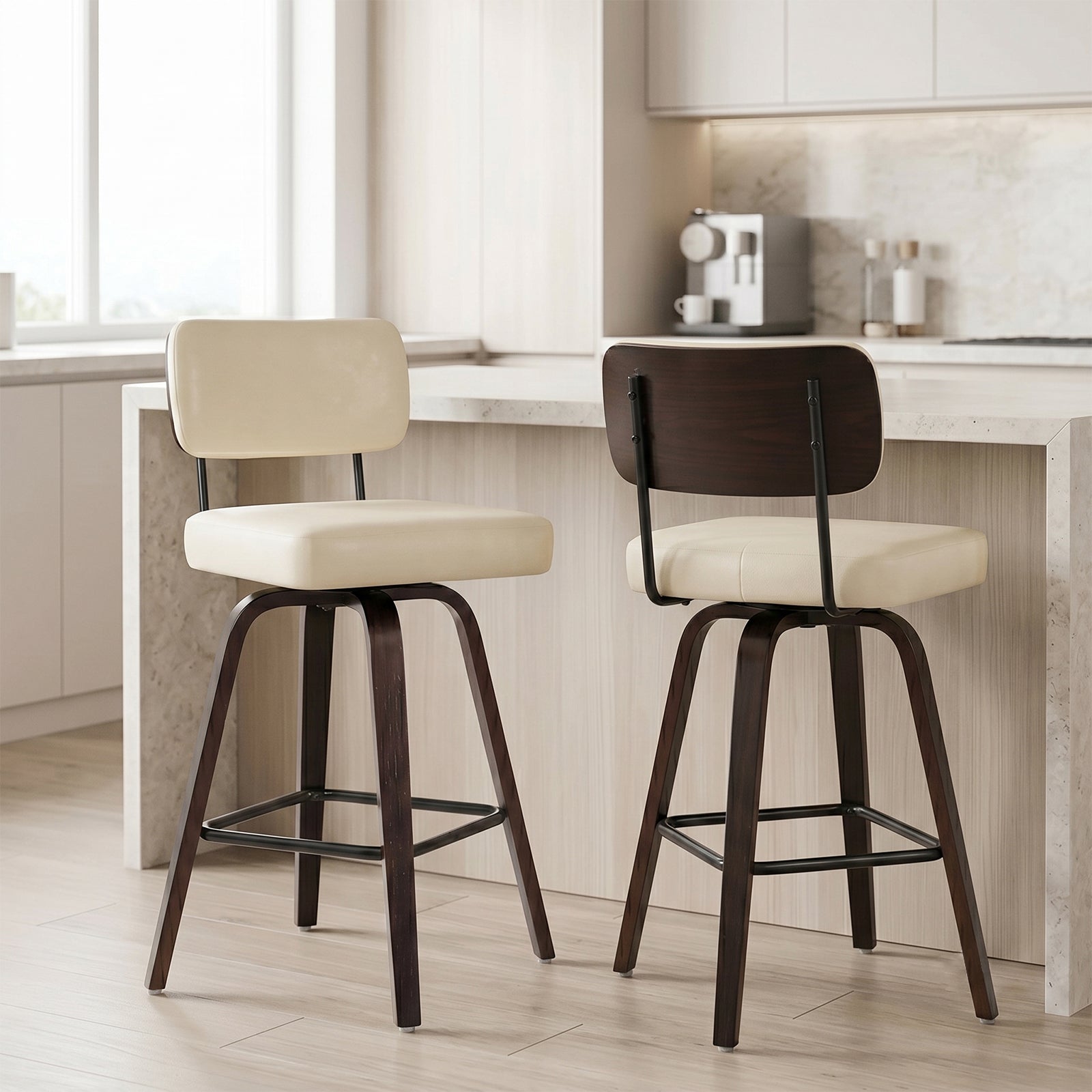 Firmoz Modern PU Swivel Bar Stools with Solid Wood Legs & Ergonomic Backrest