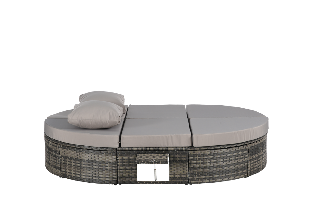 Round outdoor patio daybed with adjustable backrests foldable cup trays and cushioned wicker design ideal for backyard and poolside lounging