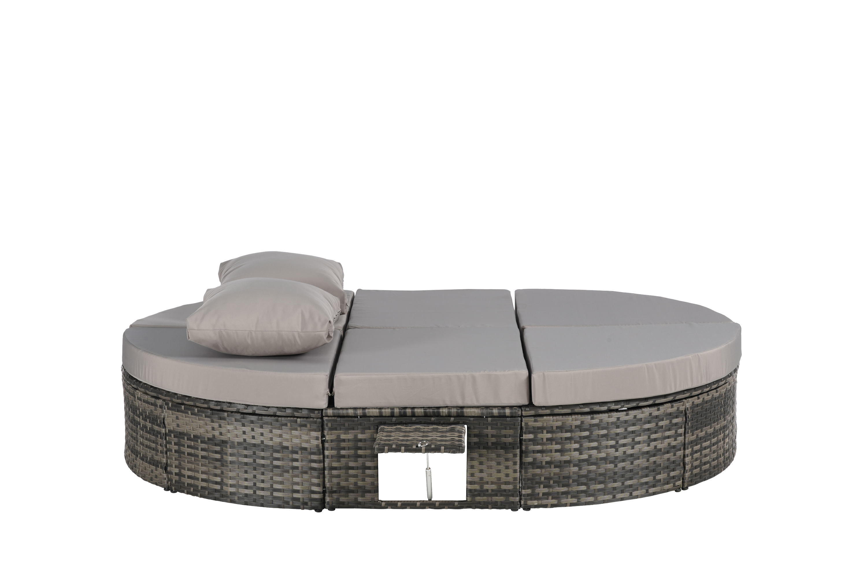 Round outdoor patio daybed with adjustable backrests foldable cup trays and cushioned wicker design ideal for backyard and poolside lounging