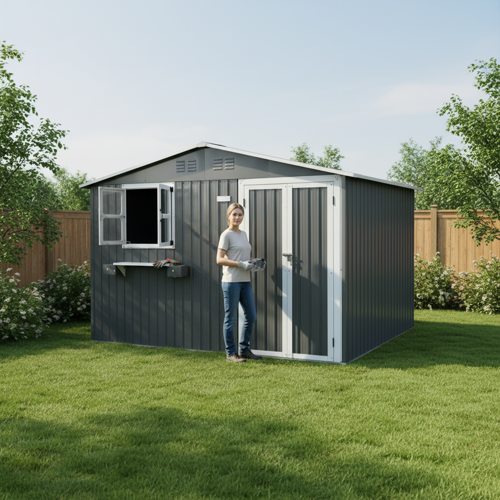 10x8 Ft Metal Storage Shed Lockable Double Doors Window Waterproof Shed