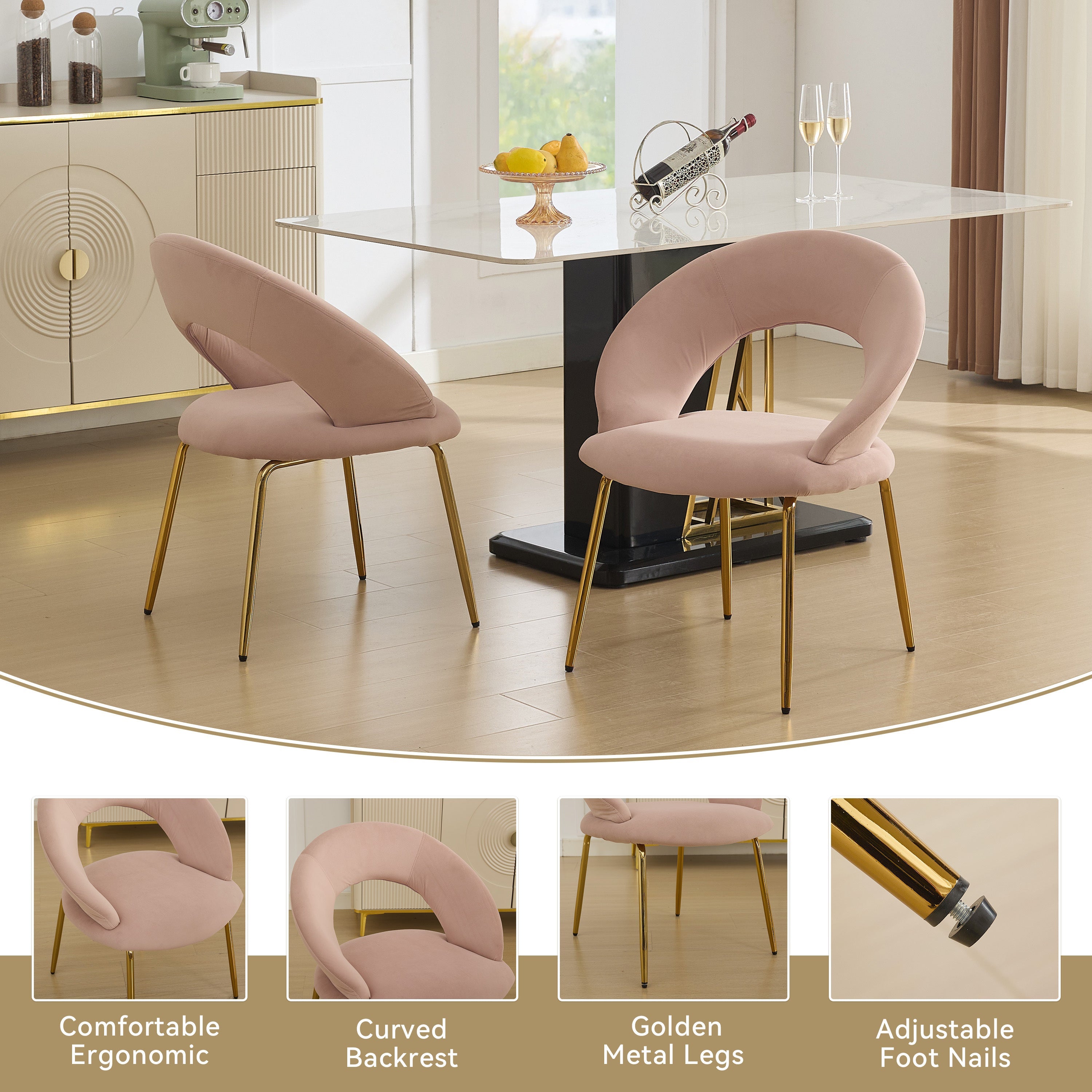 Velvet/Teddy Fabric Dining Chairs with Curved Backrest