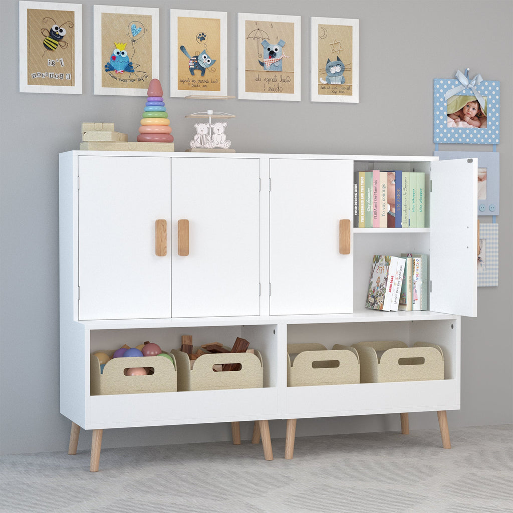 White Modern Wooden Toy Storage Cabinet with Natural Wood Legs