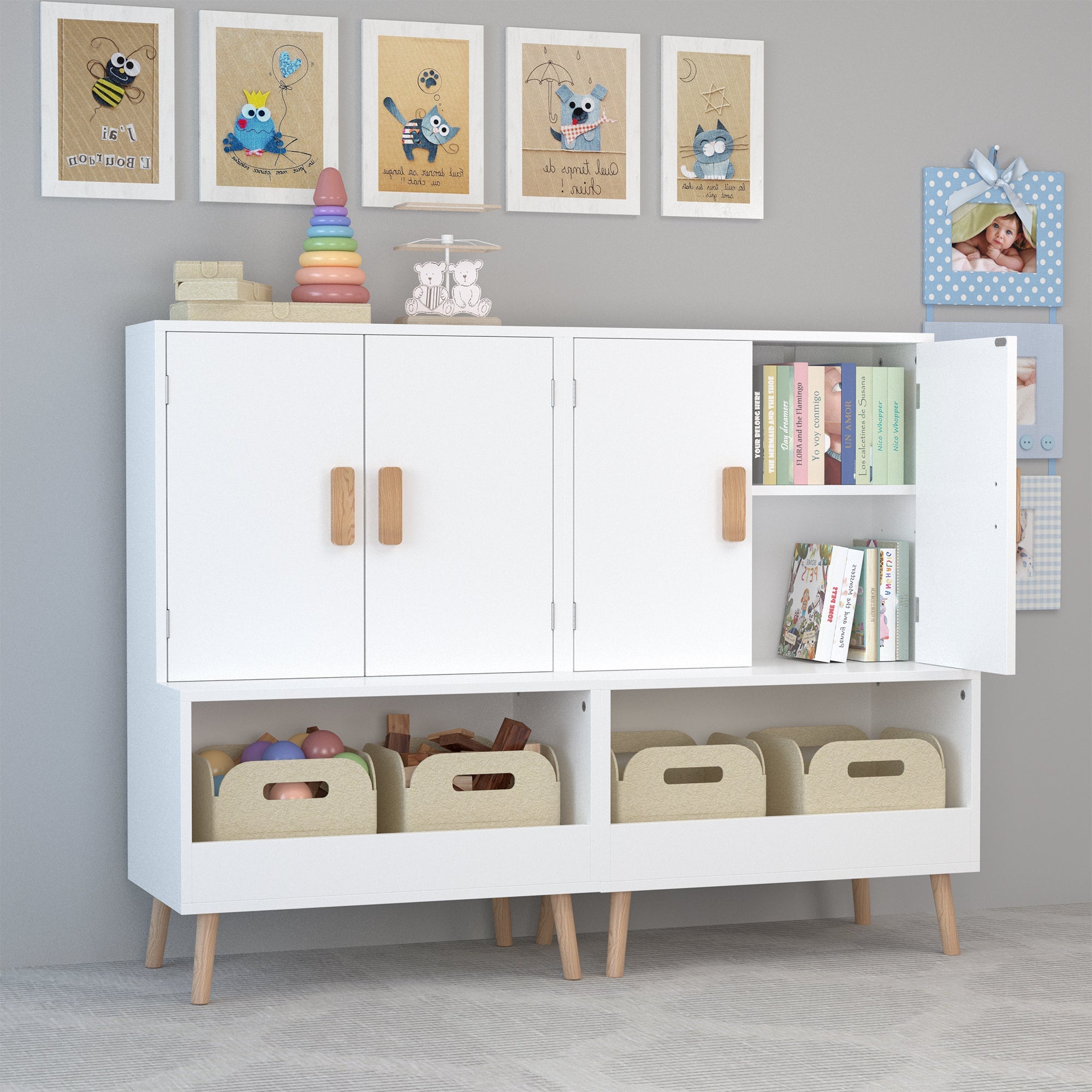 White Modern Wooden Toy Storage Cabinet with Natural Wood Legs