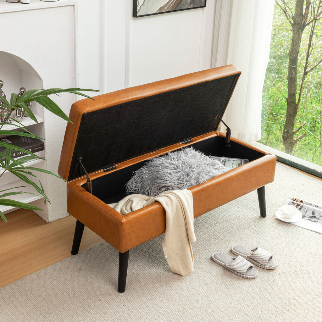 Brown PU Leather Storage Bench
