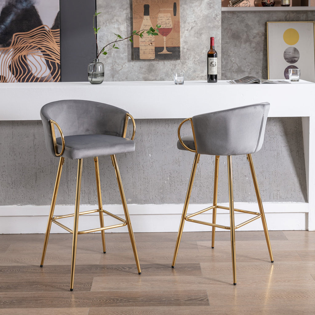Velvet Bar Stools with Chrome Footrest and Base（Set of 2)