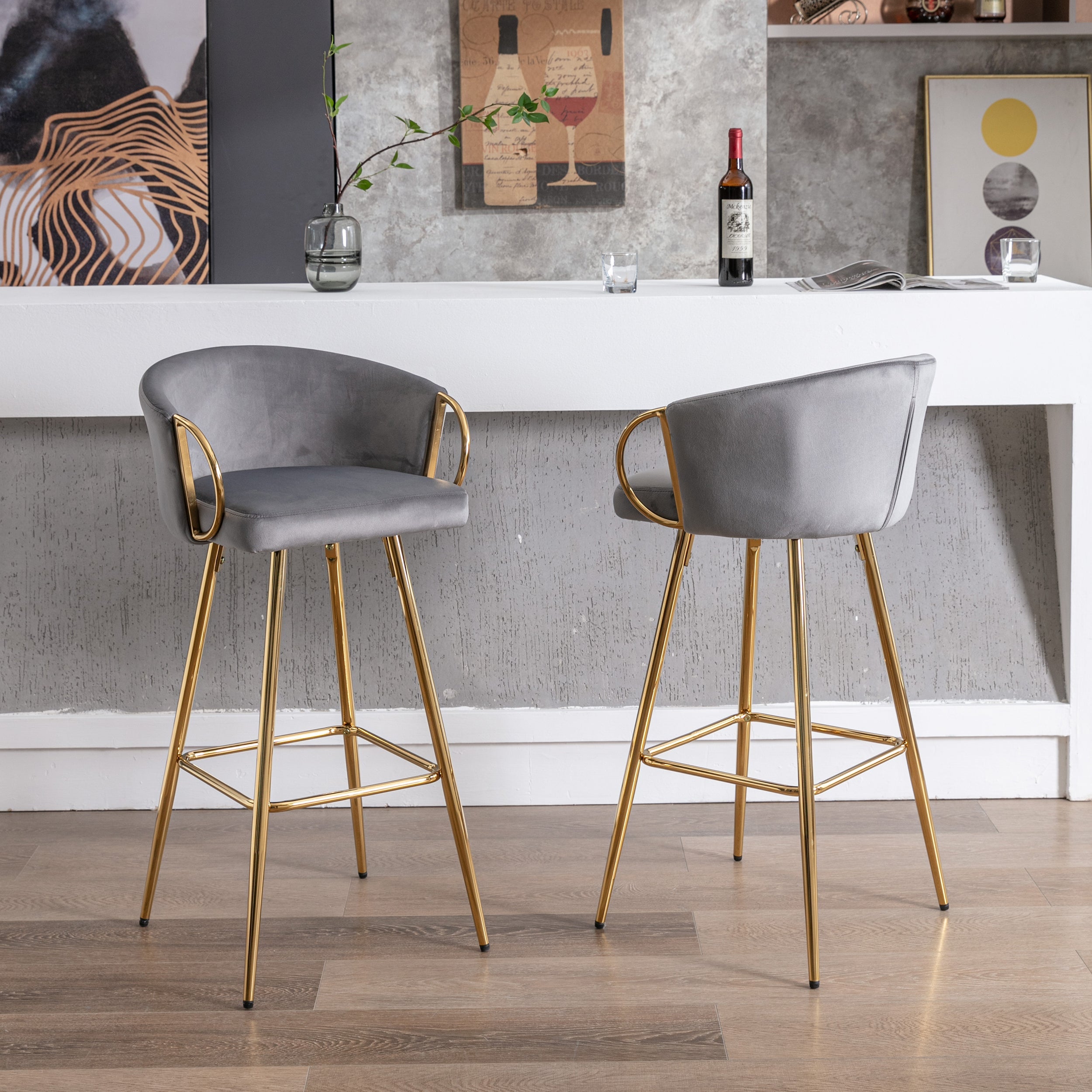 Velvet Bar Stools with Chrome Footrest and Base（Set of 2)