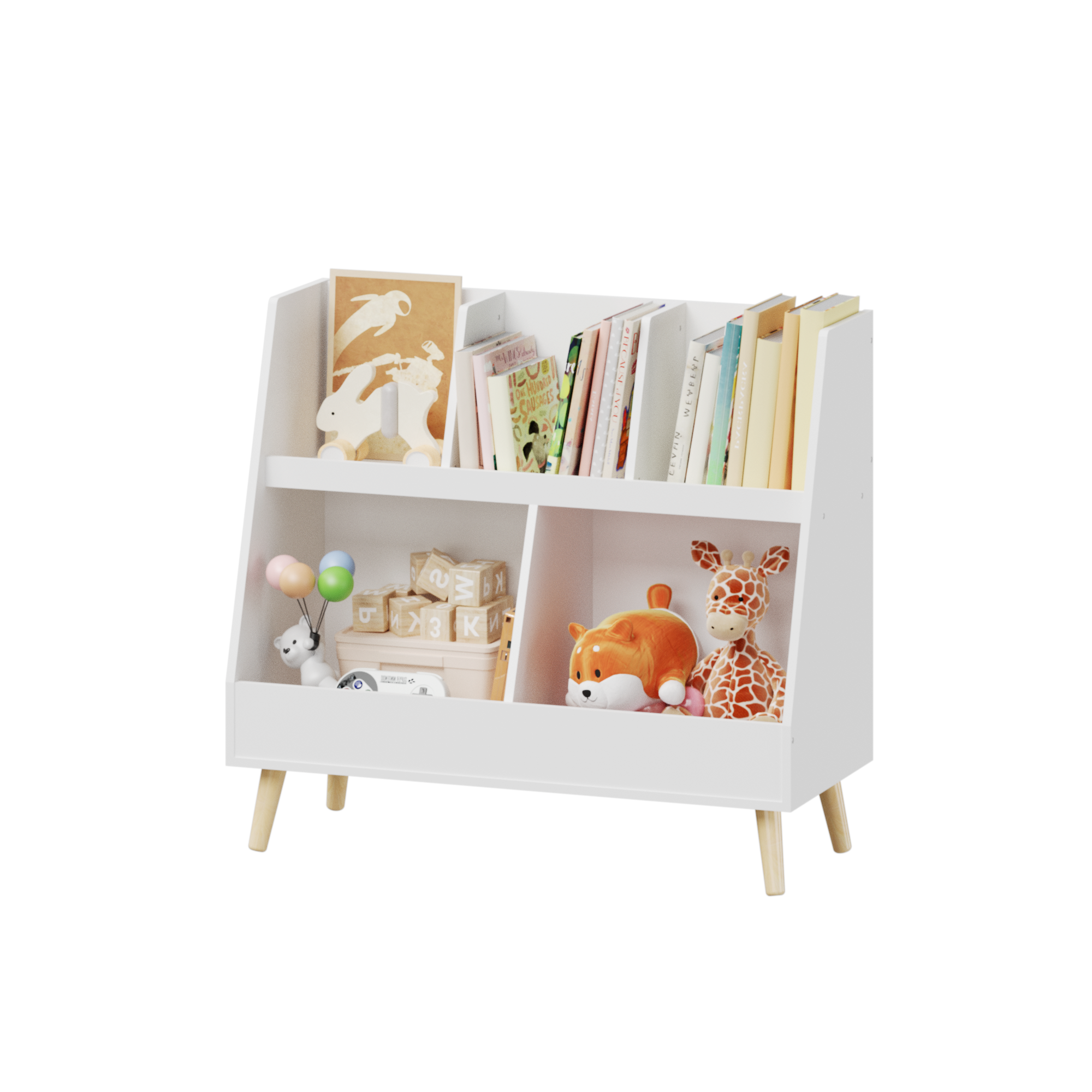 Modern Kids Bookshelf and Toy Organizer with White MDF and Pine Legs