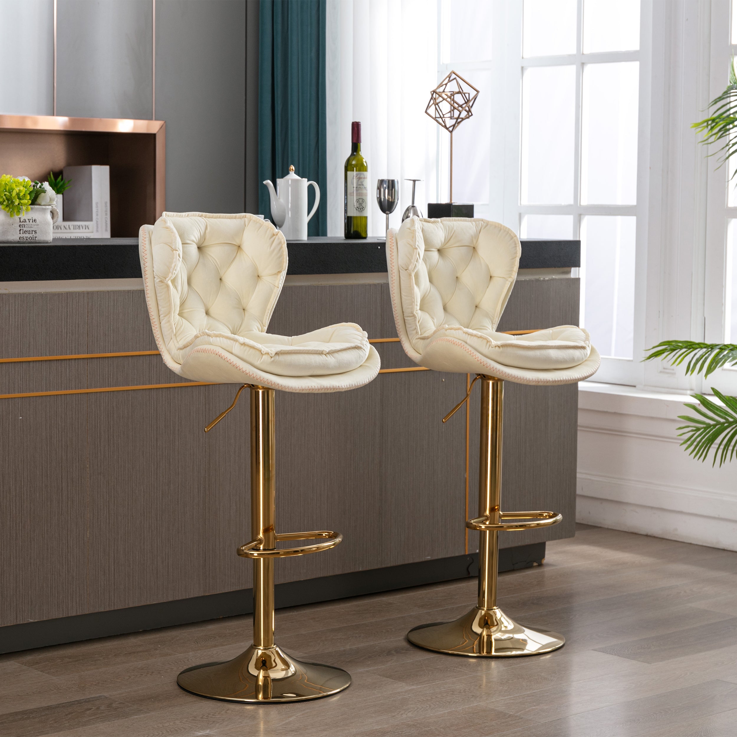 Velvet Bar Stools Set of 2 - Gold Base Adjustable Swivel Counter