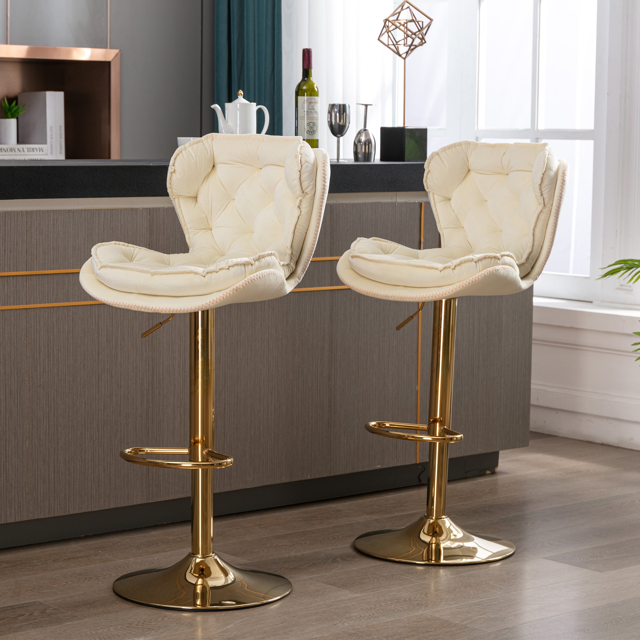 Velvet Bar Stools Set of 2 - Gold Base Adjustable Swivel Counter