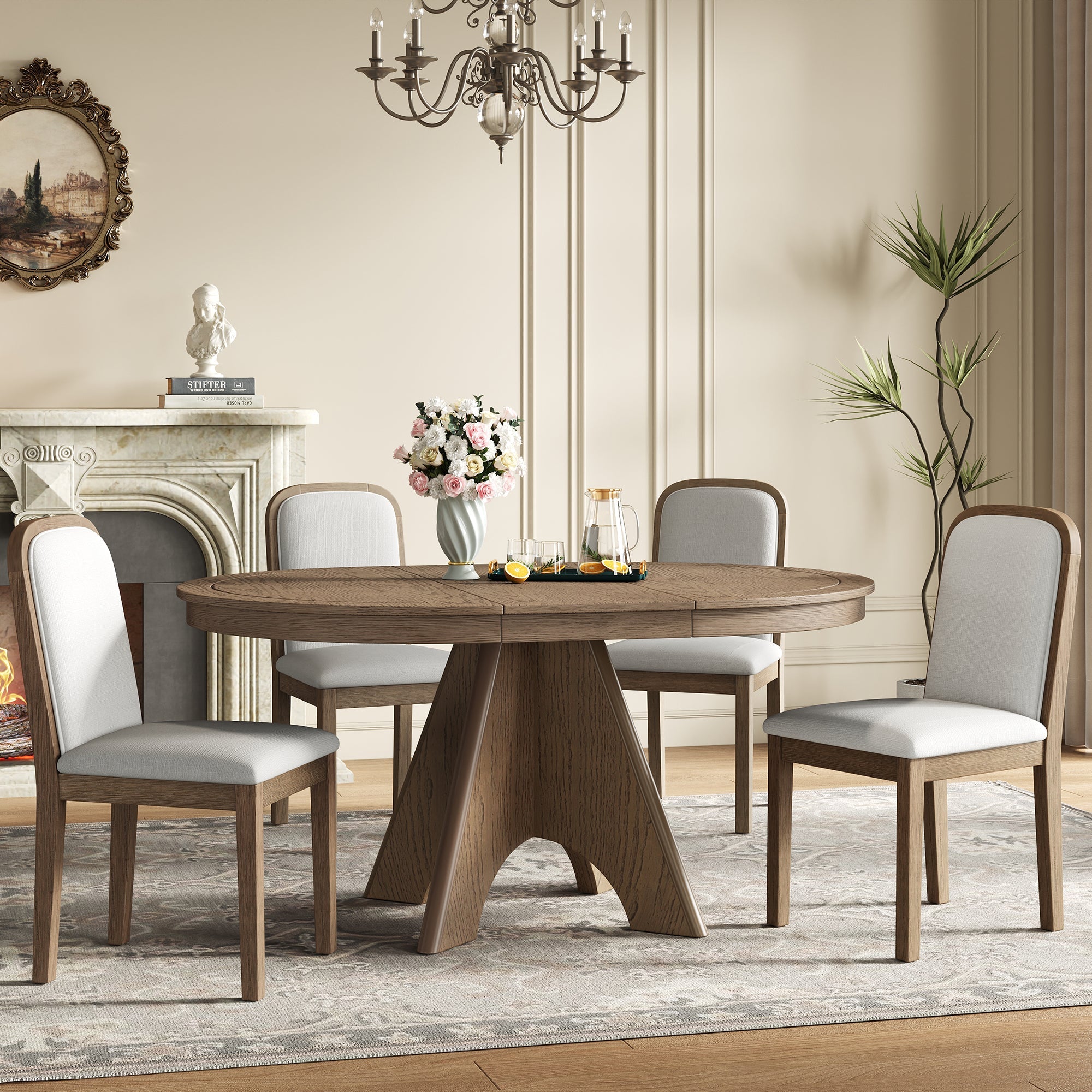Vintage Extendable Dining Table Set with 4 Upholstered Chairs