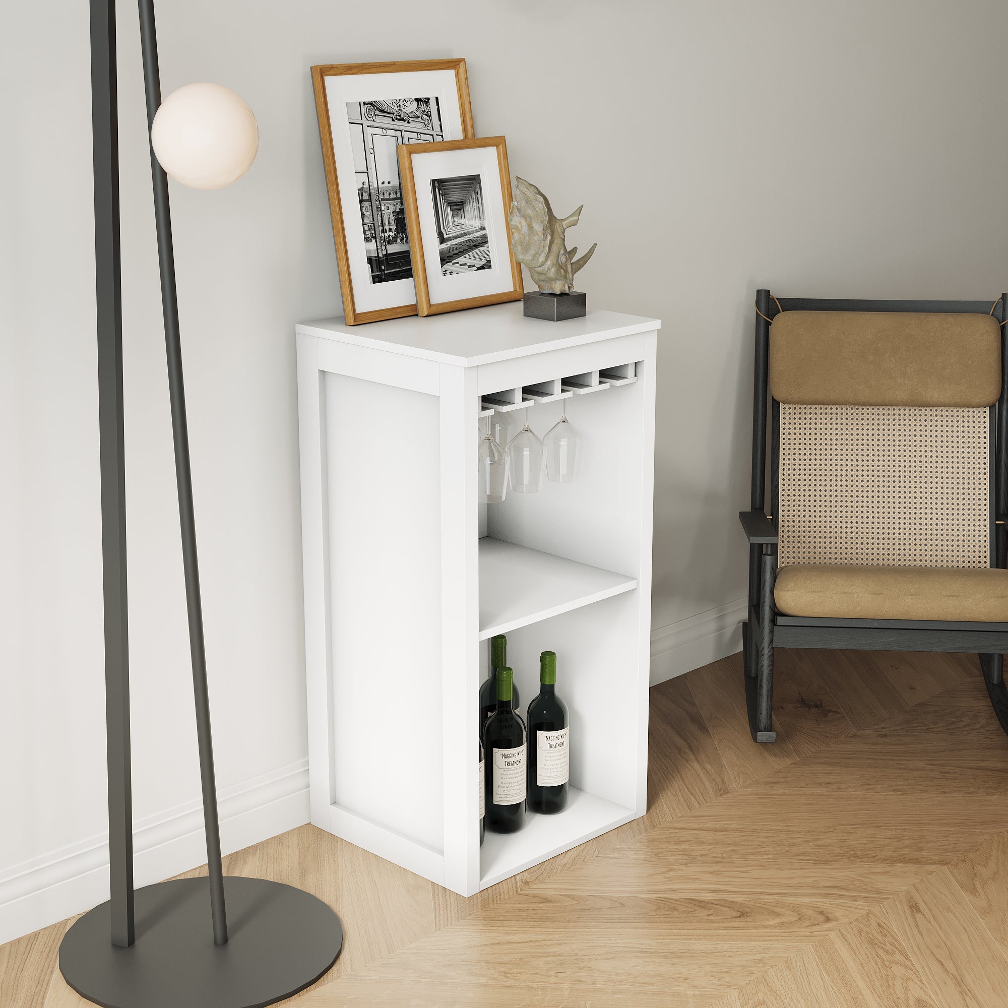 White Modular Wine Bar Cabinet with Storage Shelves