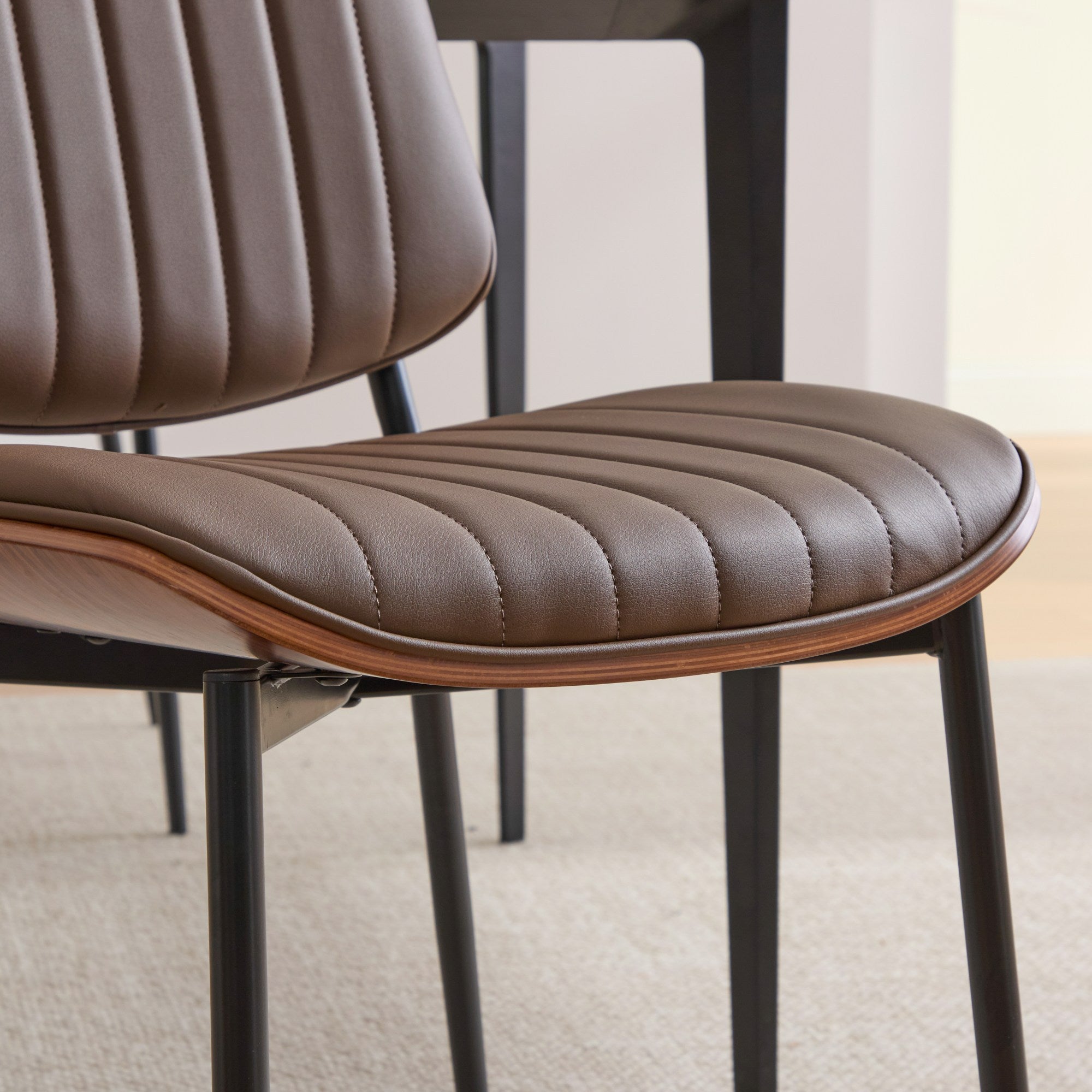 Mid Century Modern Retro Faux Leather Dining Chairs with Walnut Bentwood (Set of 2)