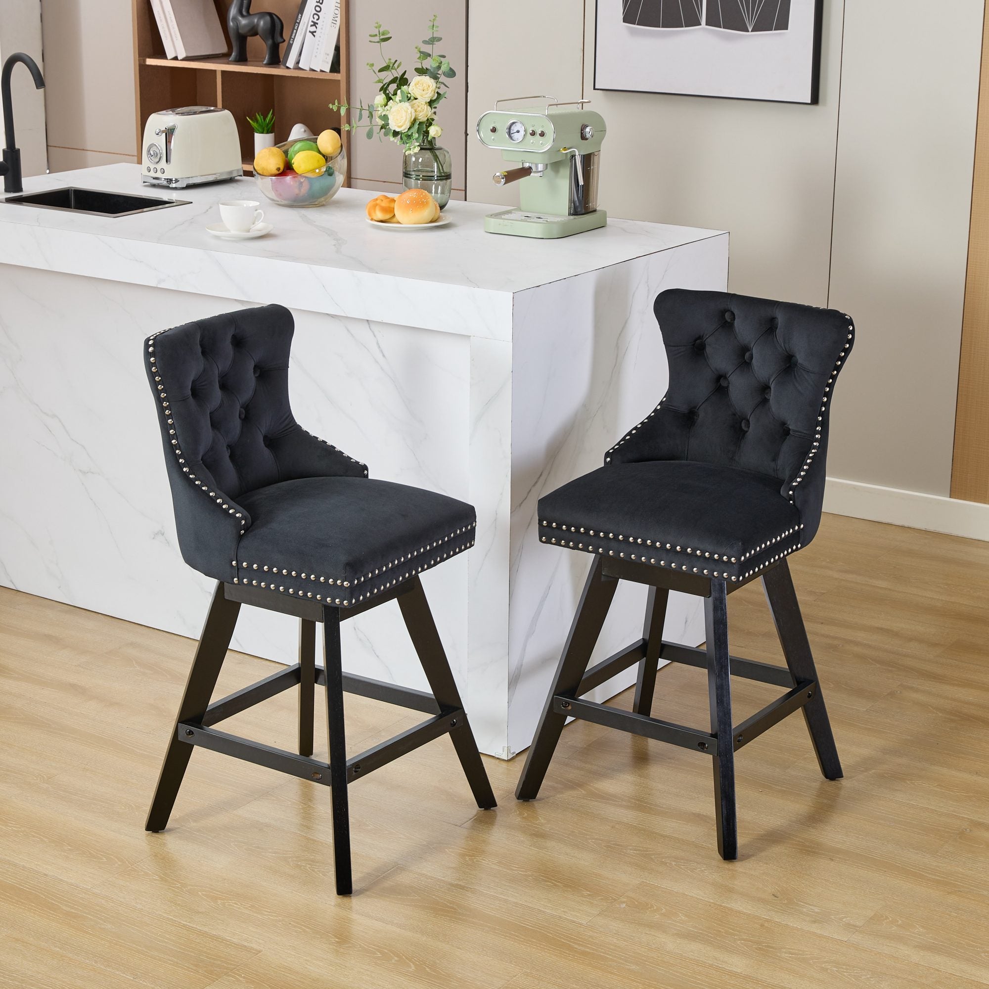Swivel Velvet Barstools with Button Tufted Decoration (Set of 2)