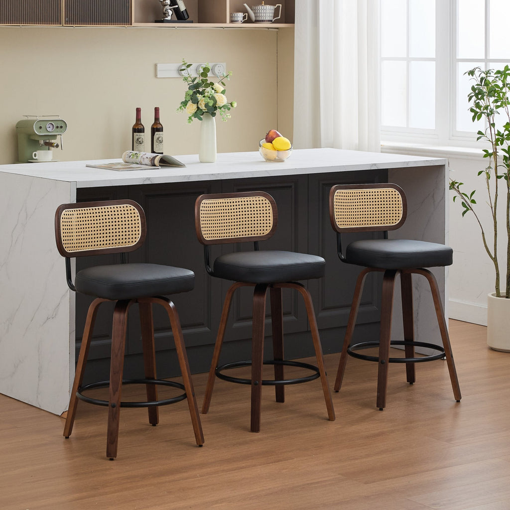 26 Inch Rattan Counter Height Stools with Cane Back (Set of 3)