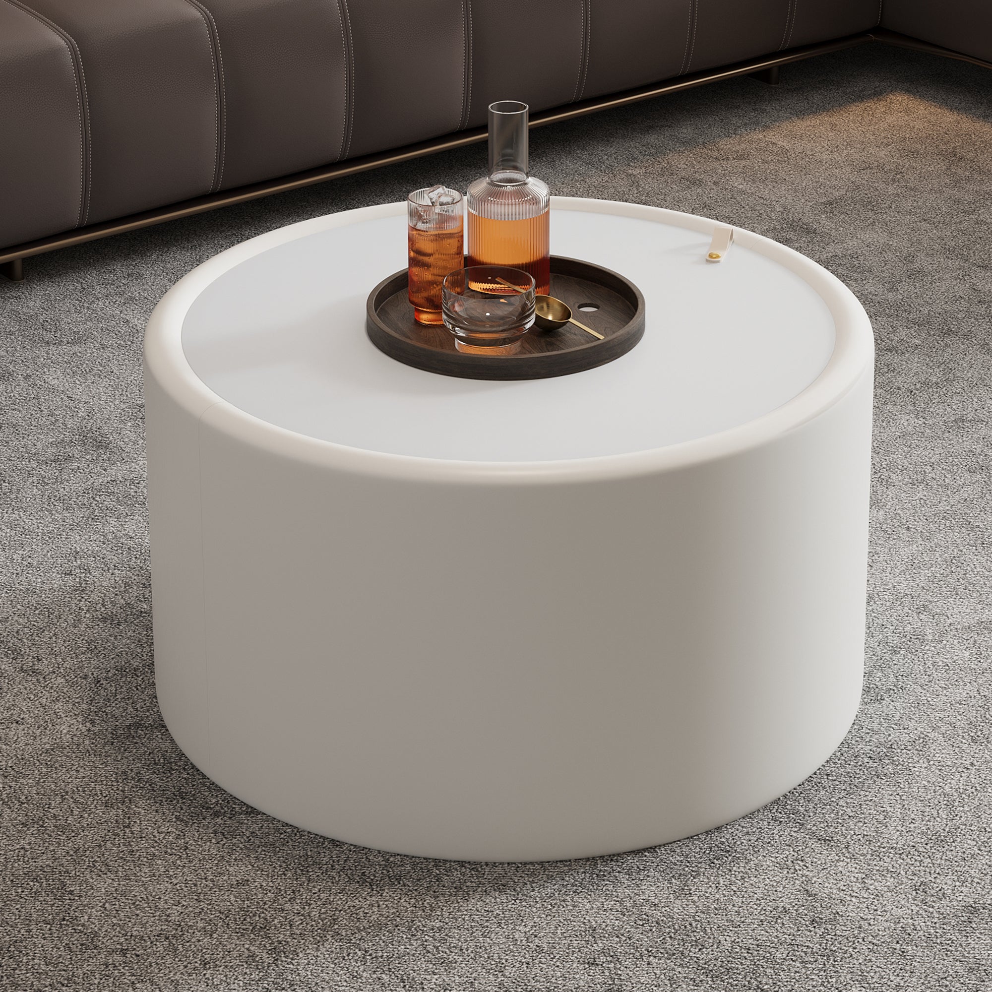 28“  PU Leather Round Coffee Table with Tempered Glass Top
