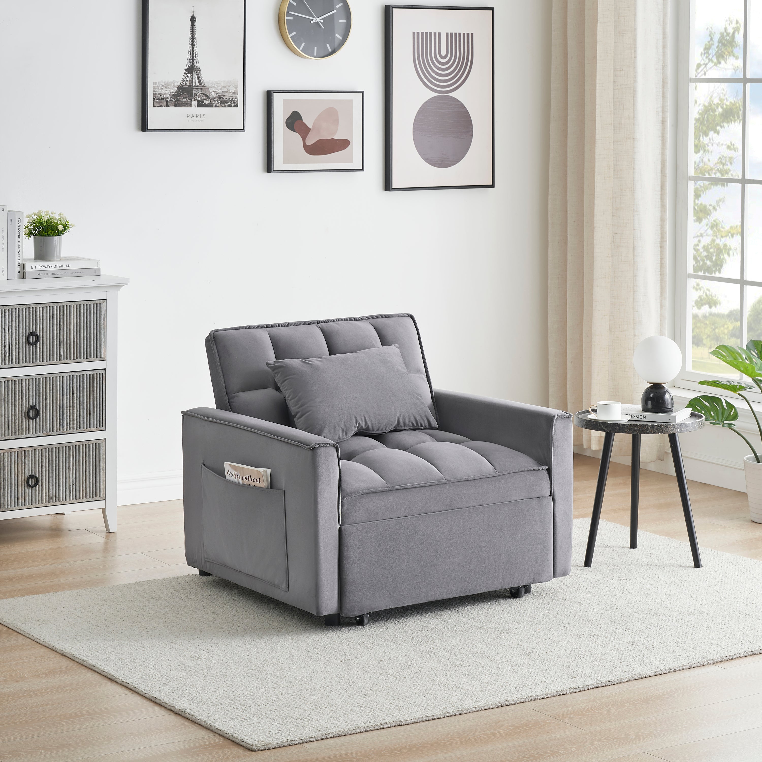 Velvet Foldable Sofa Bed Adjustable Back with USB, Ashtray & Phone Stand