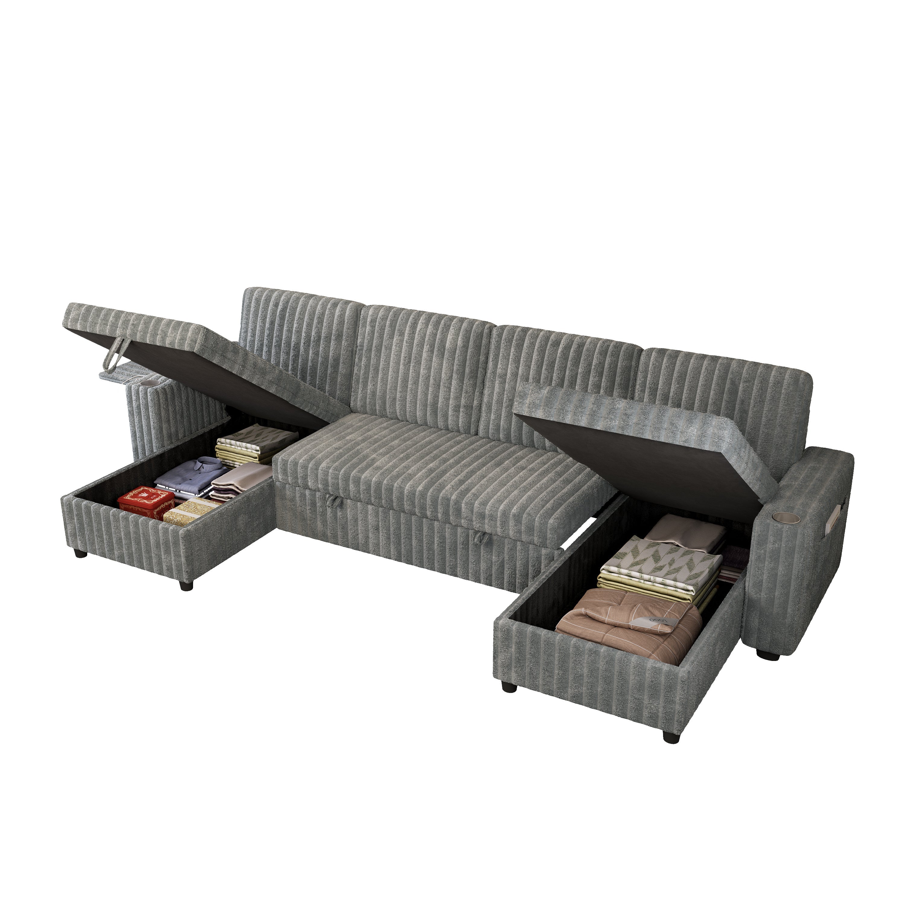 122" U-Shaped Sleeper Sofa Gray Pull Out Bed Sectional with Storage Chaise
