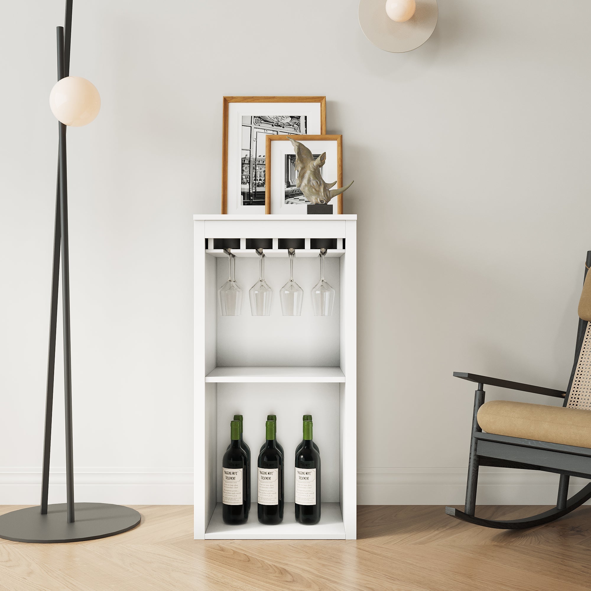 White Modular Wine Bar Cabinet with Storage Shelves