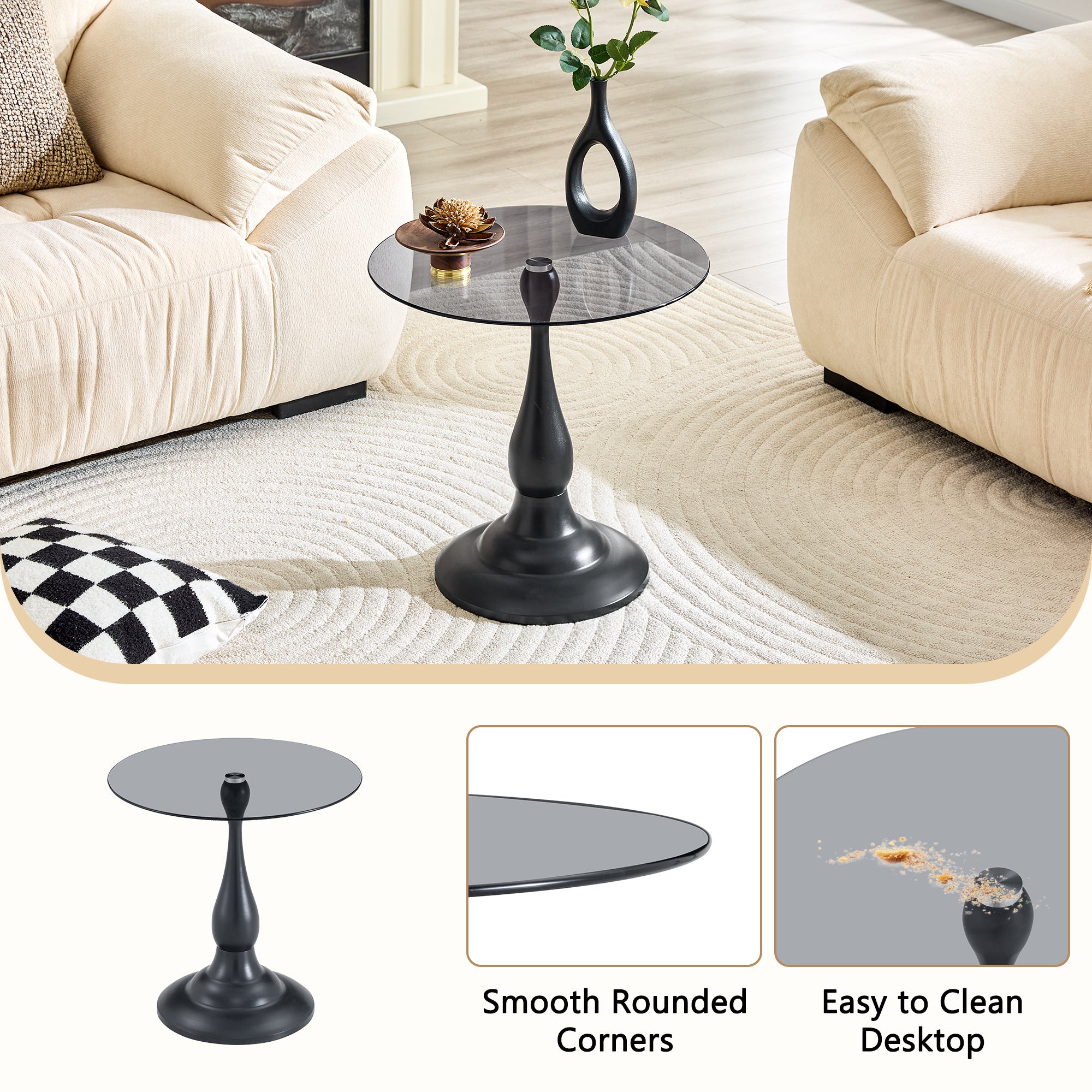20" Small Luxury Metal Round Side Table with a Glass Top
