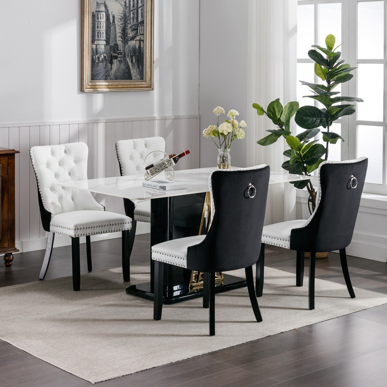 Tufted Solid Wood PU Upholstered Dining Chair with Wood Legs (Set of 2)