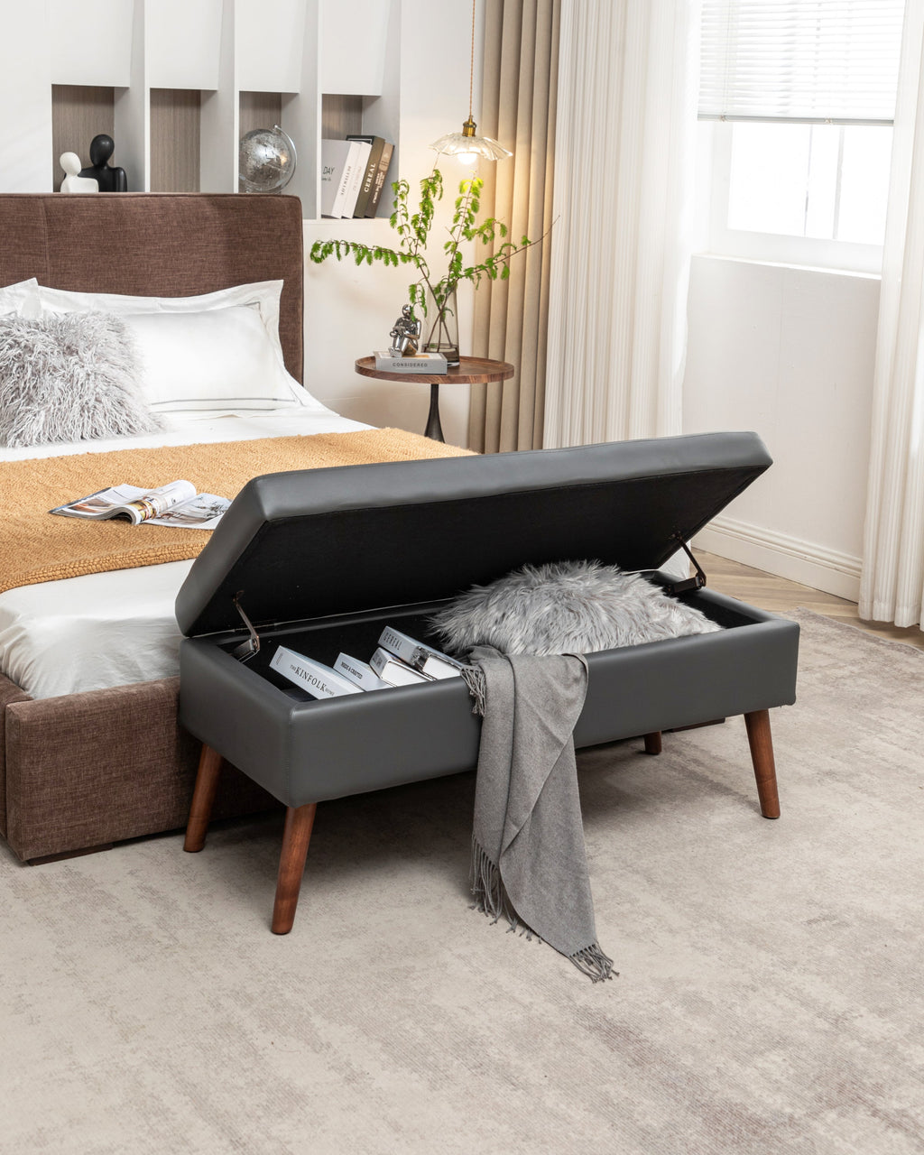 Brown PU Leather Storage Bench