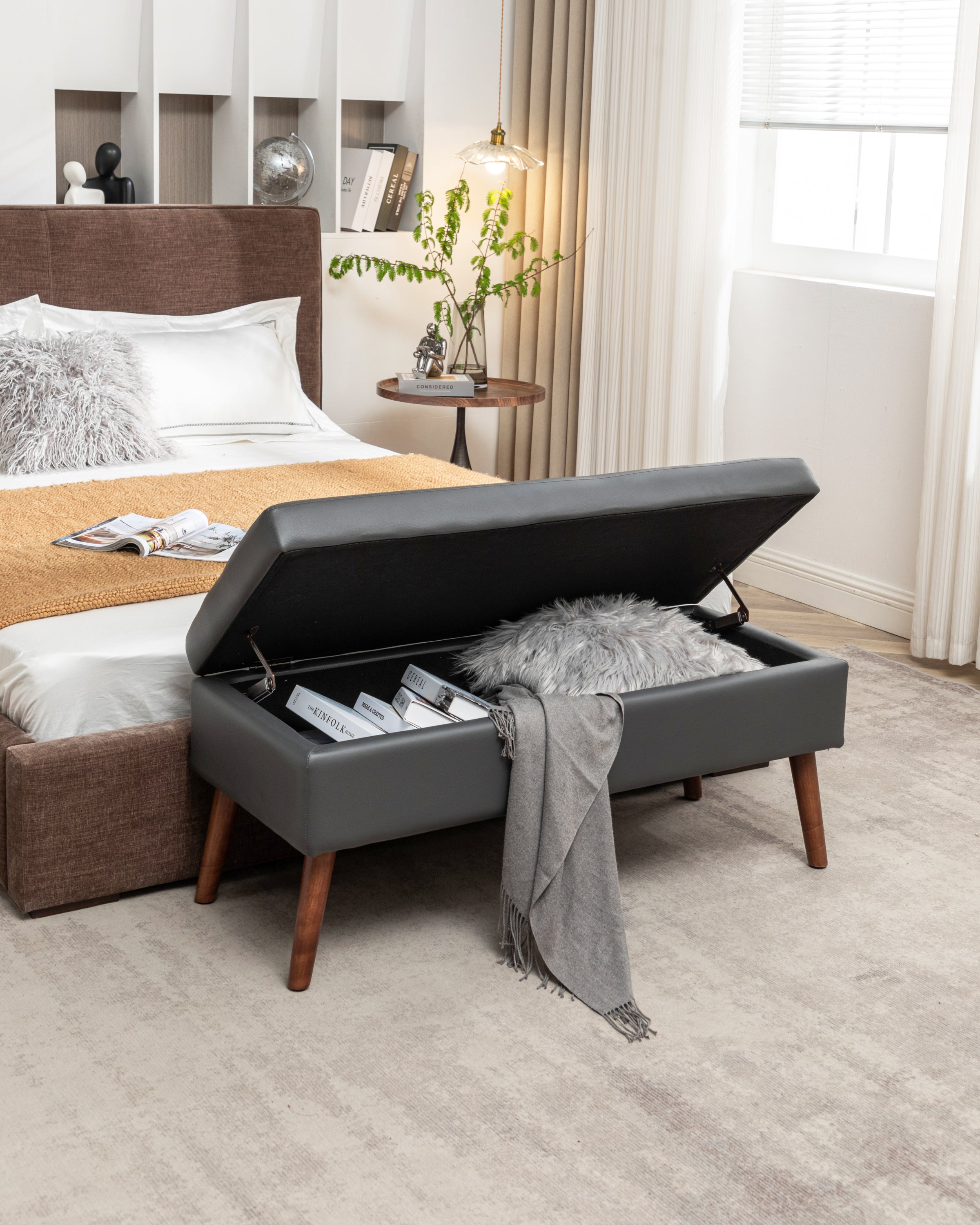 Brown PU Leather Storage Bench
