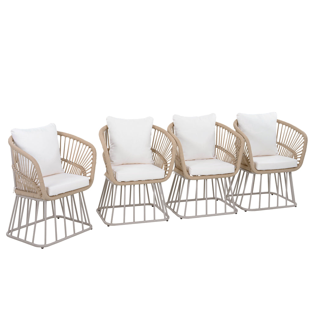Outdoor Dining Set Teak Table 4 Wicker Chairs Cushions Steel Frame Set