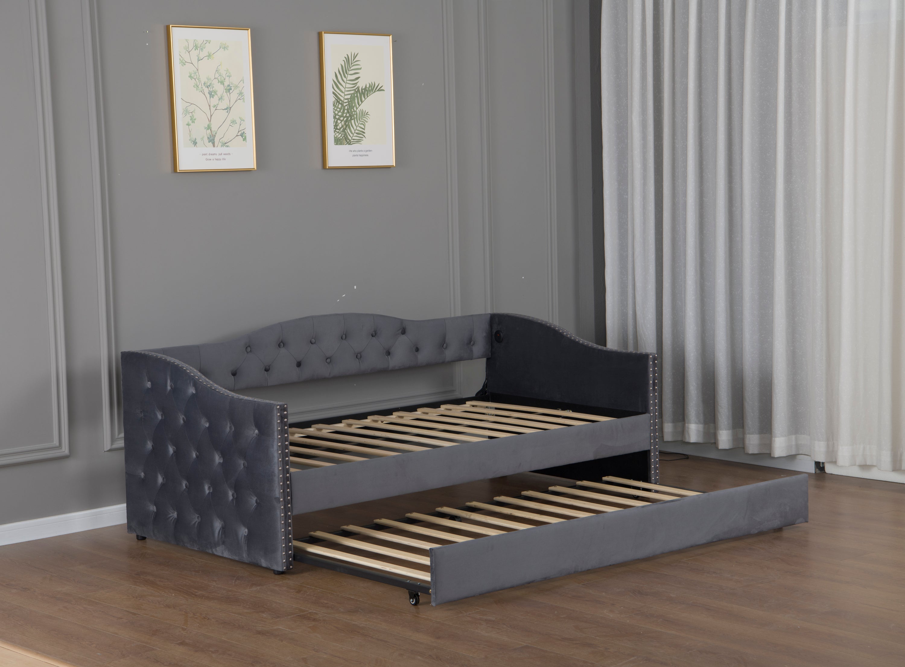 Twin Size Upholstered Daybed with Trundle and USB Charging Design