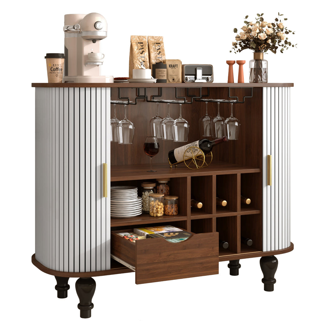 39" Fluted Liquor and Coffee Bar Cabinet with Wine Racks Glass Holders Storage