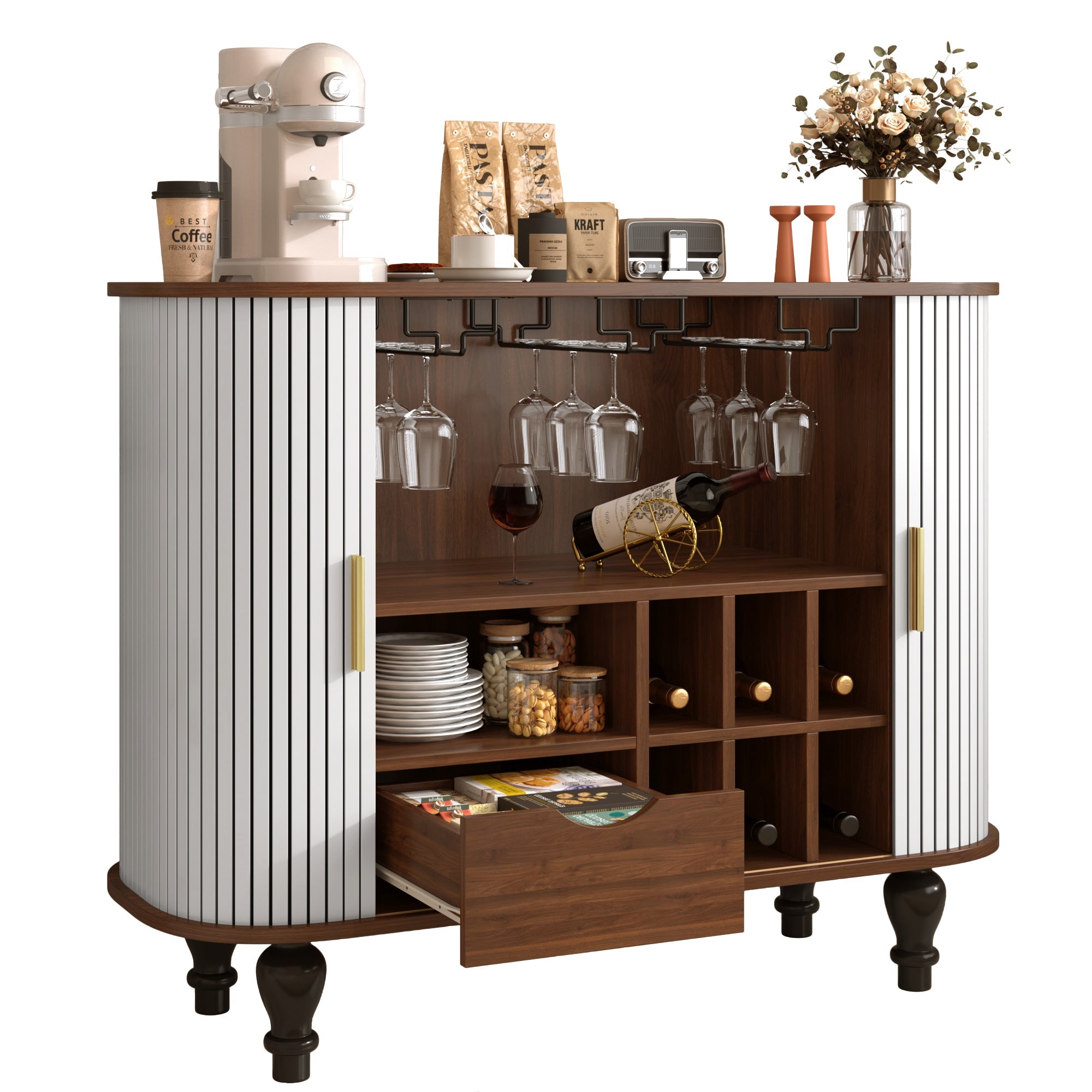 39" Fluted Liquor and Coffee Bar Cabinet with Wine Racks Glass Holders Storage