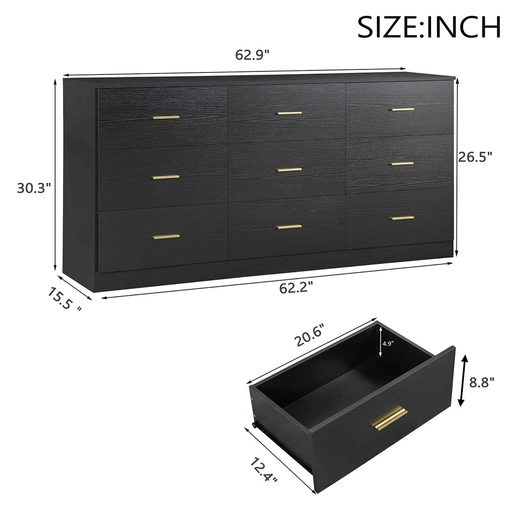 Modern Black 9-Drawer Dresser for Bedroom
