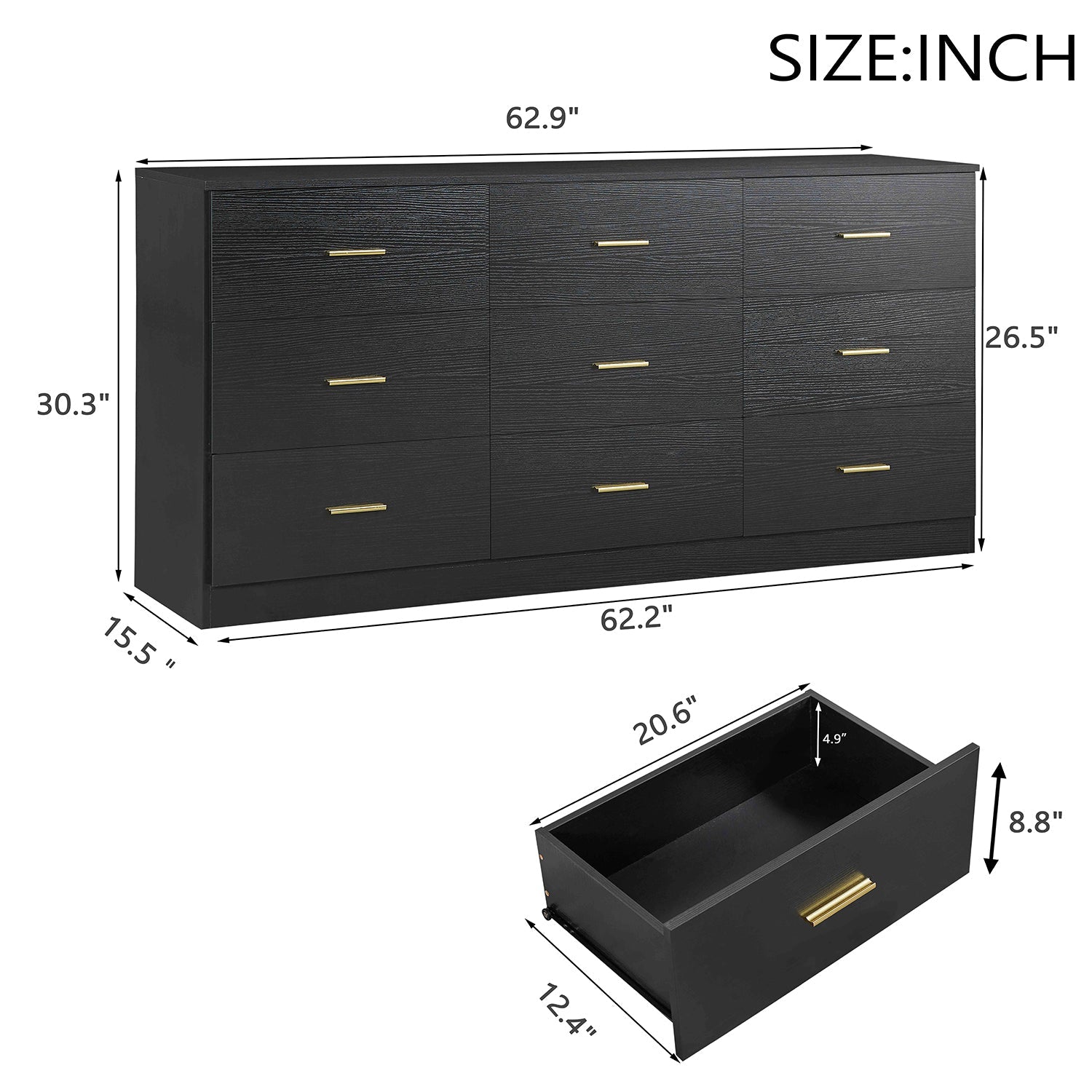 Modern Black 9-Drawer Dresser for Bedroom
