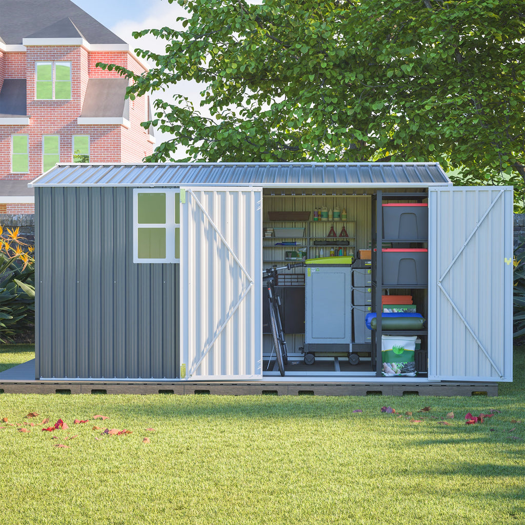 8x12ft Steel Storage Shed w/ Window, Hinged Doors, 4 Vents for Yard/Garden/Patio