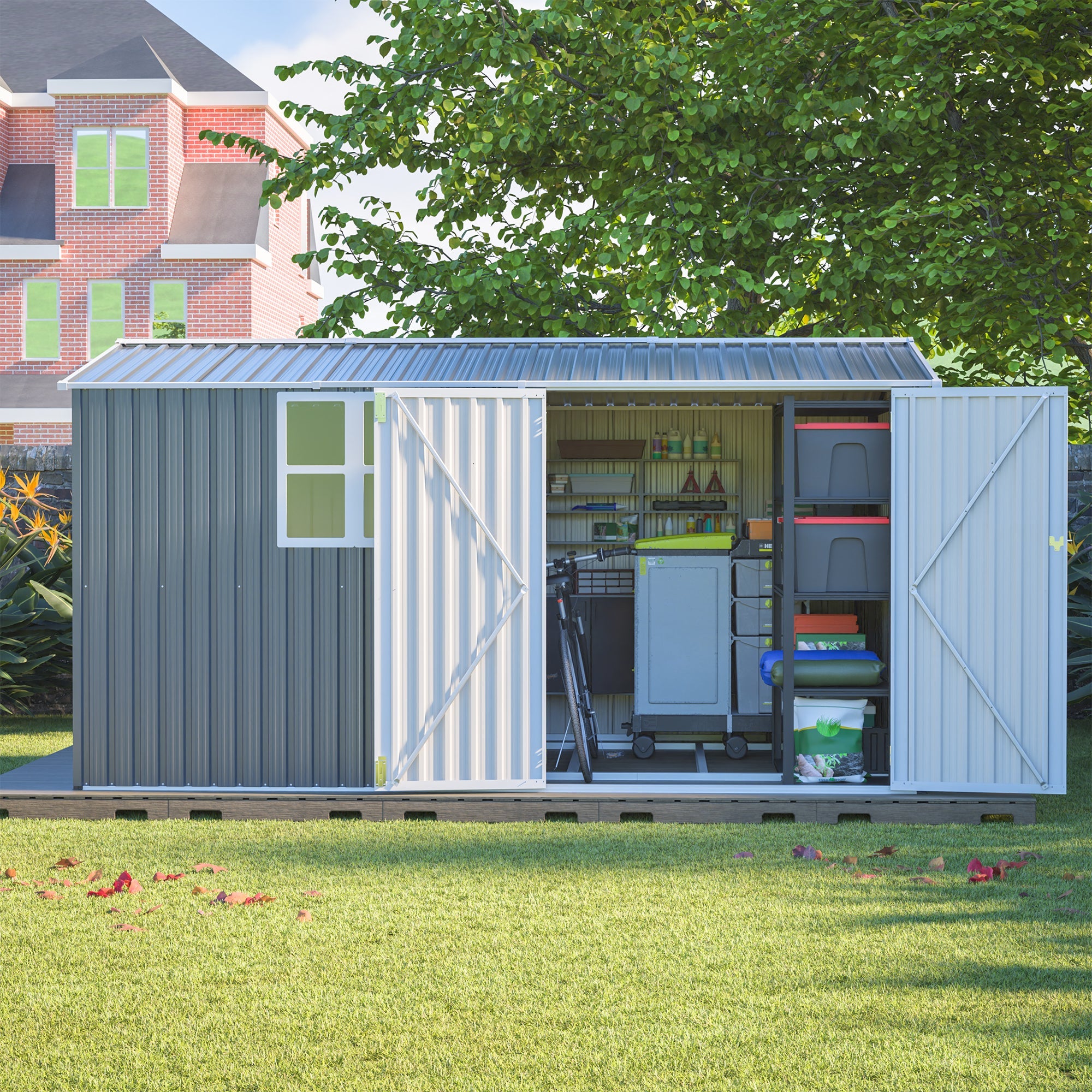 8x12ft Steel Storage Shed w/ Window, Hinged Doors, 4 Vents for Yard/Garden/Patio