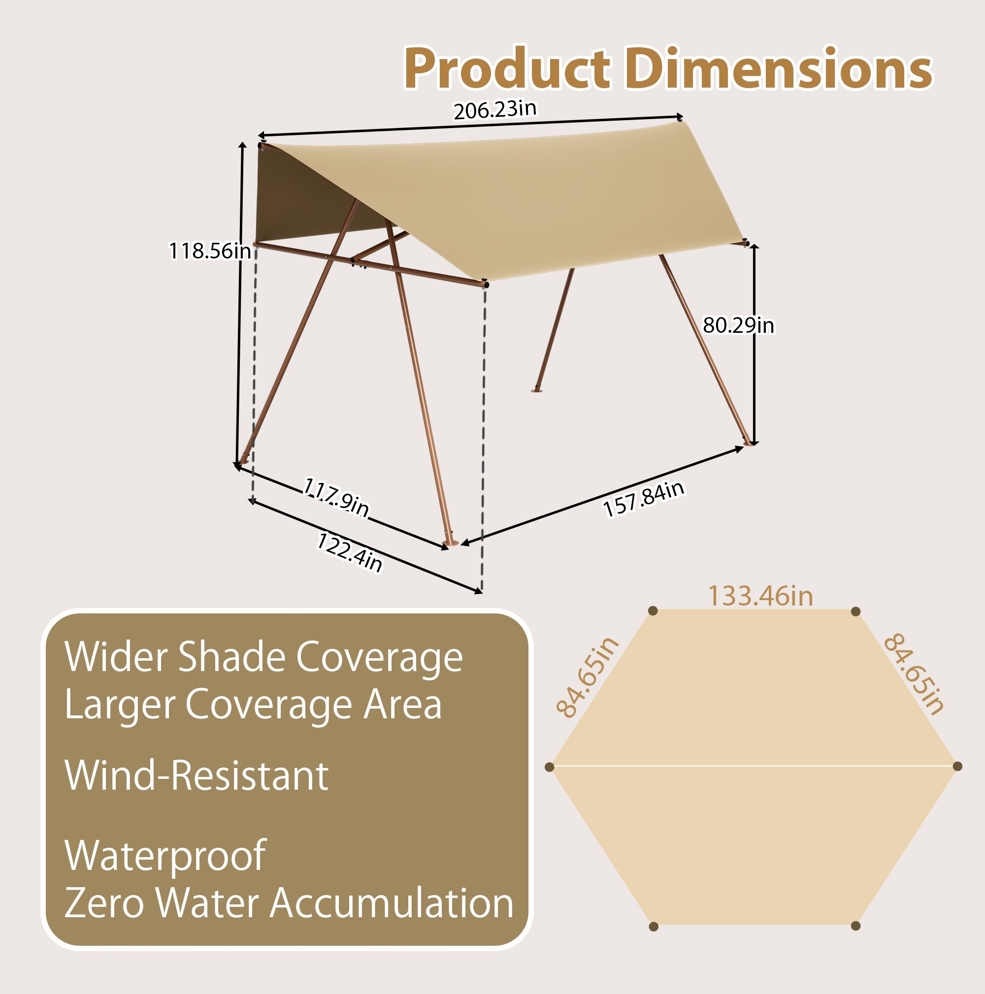Hexagonal Shade Sail Canopy 206x118 UPF50 Waterproof Sun Shade Patio Use