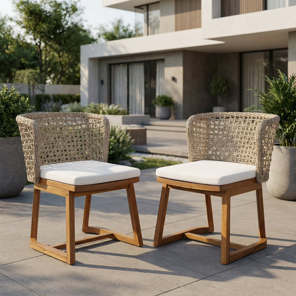 Outdoor Acacia Wood Dining Chairs with Beige Cushion (Set of 2)