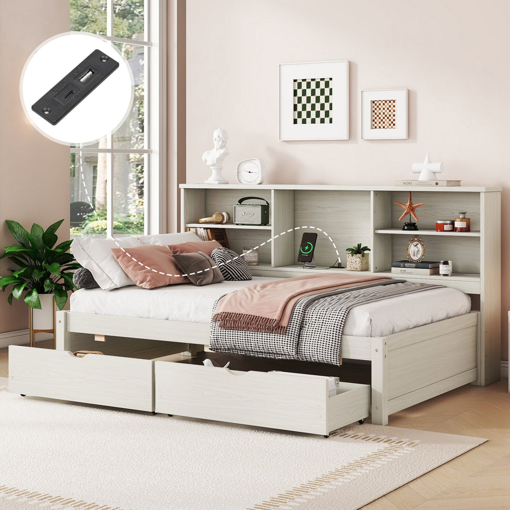 Twin Size Bed Frame with Side Bookshelves
