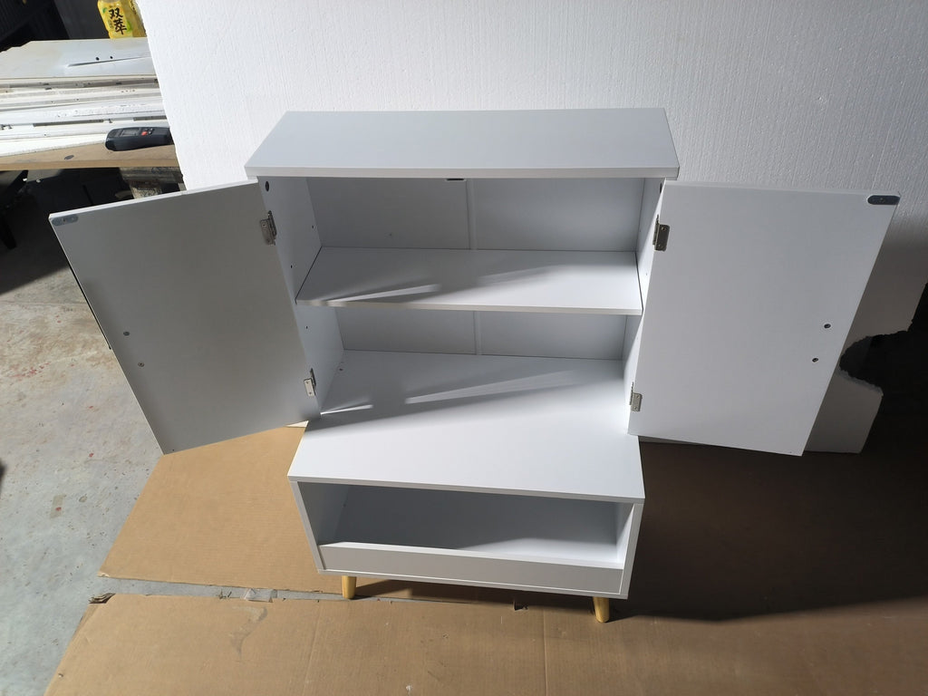 White Modern Wooden Toy Storage Cabinet with Natural Wood Legs