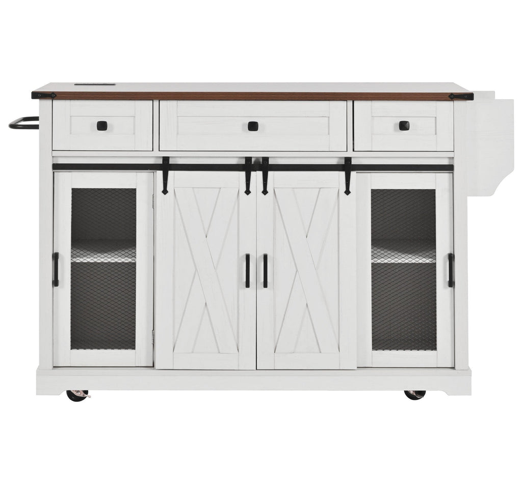 58“ Farmhouse Kitchen Island with Storage Sliding Barn Door Metal Grid Side Door