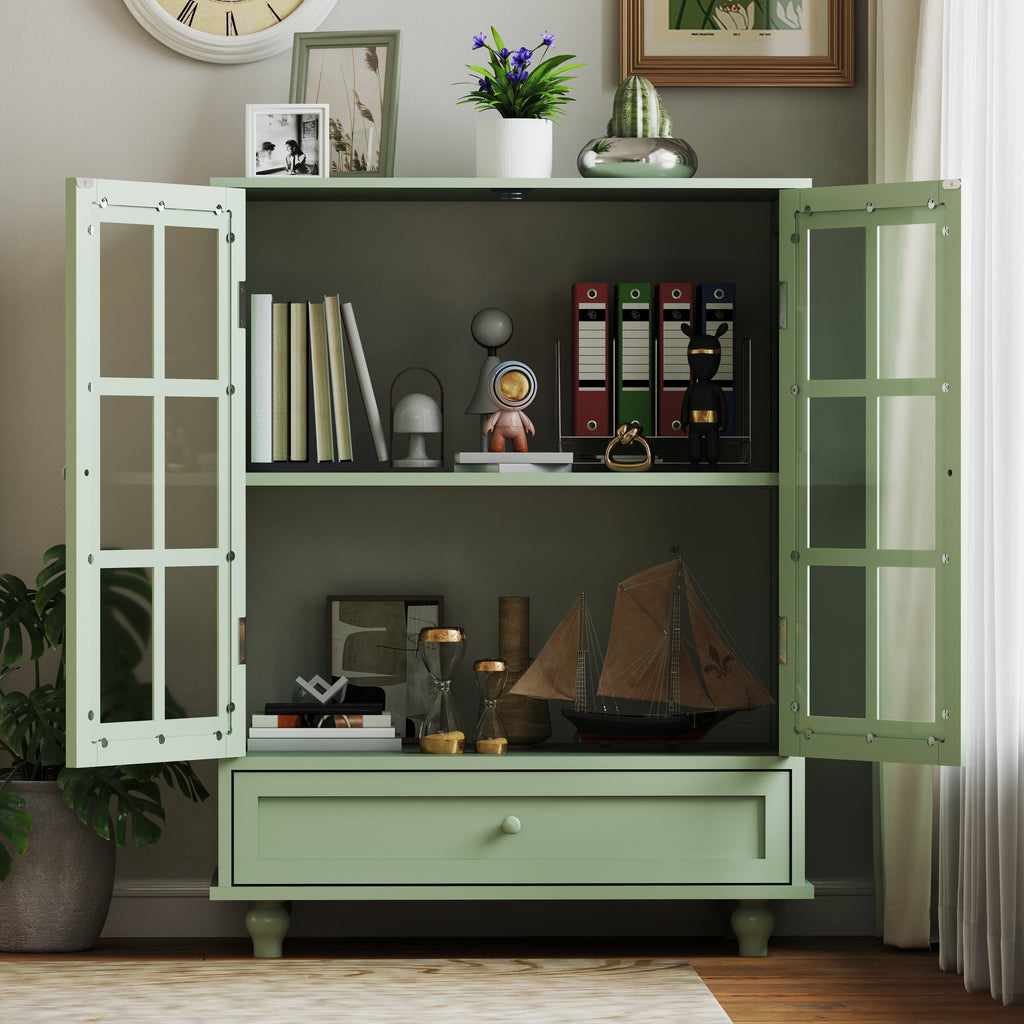 Minimalism Buffet Cabinet with Double Glass Doors and Drawer Mint Green