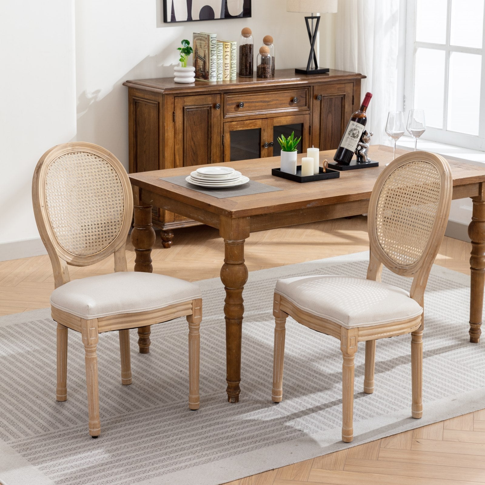 French Style Linen Fabric Rattan Back Dining Chairs (Set of 2)