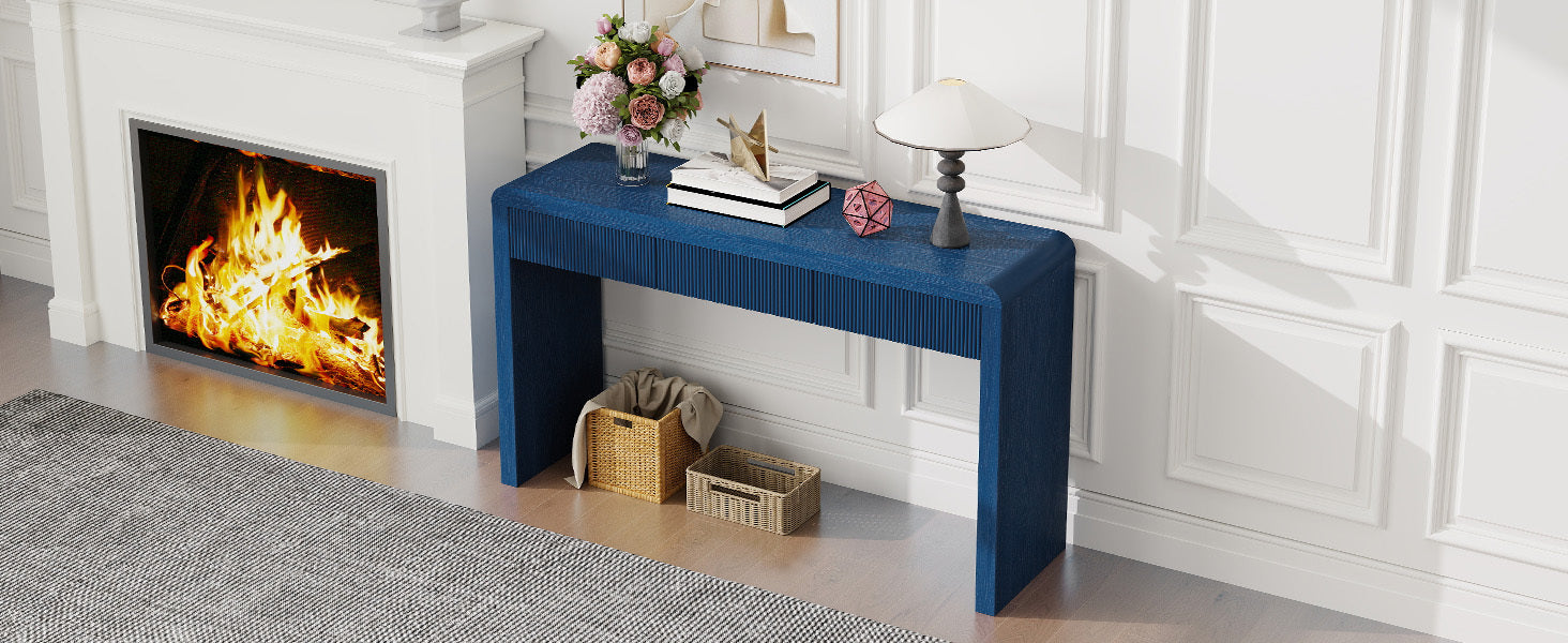 Rustic Solid Wood Veneer Entryway Table with 3 Fluted Drawers