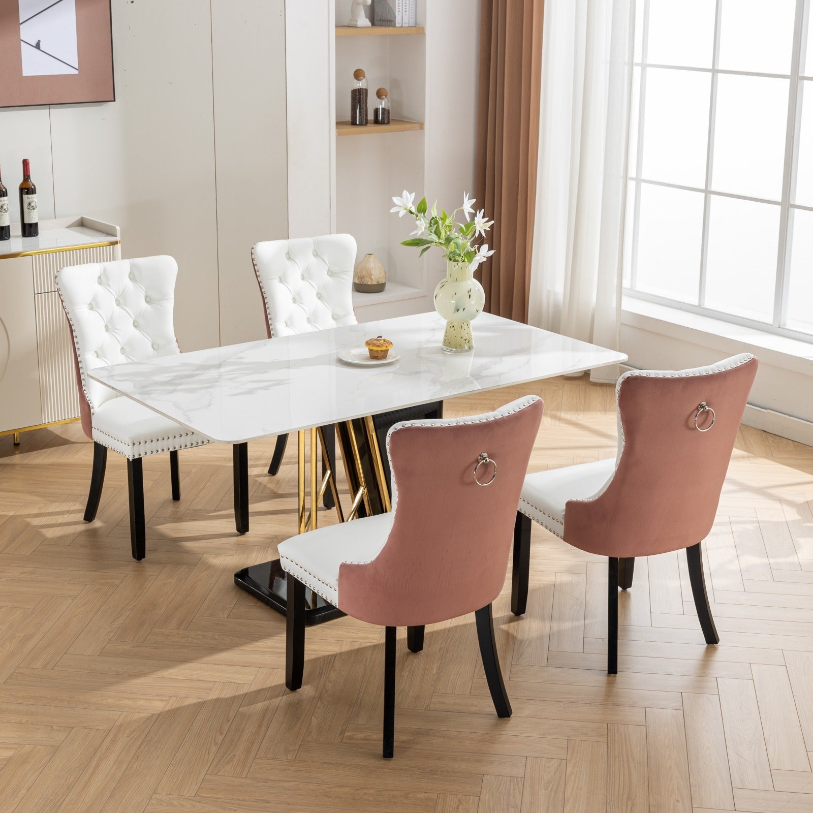 Tufted Solid Wood PU Upholstered Dining Chair with Wood Legs (Set of 2)