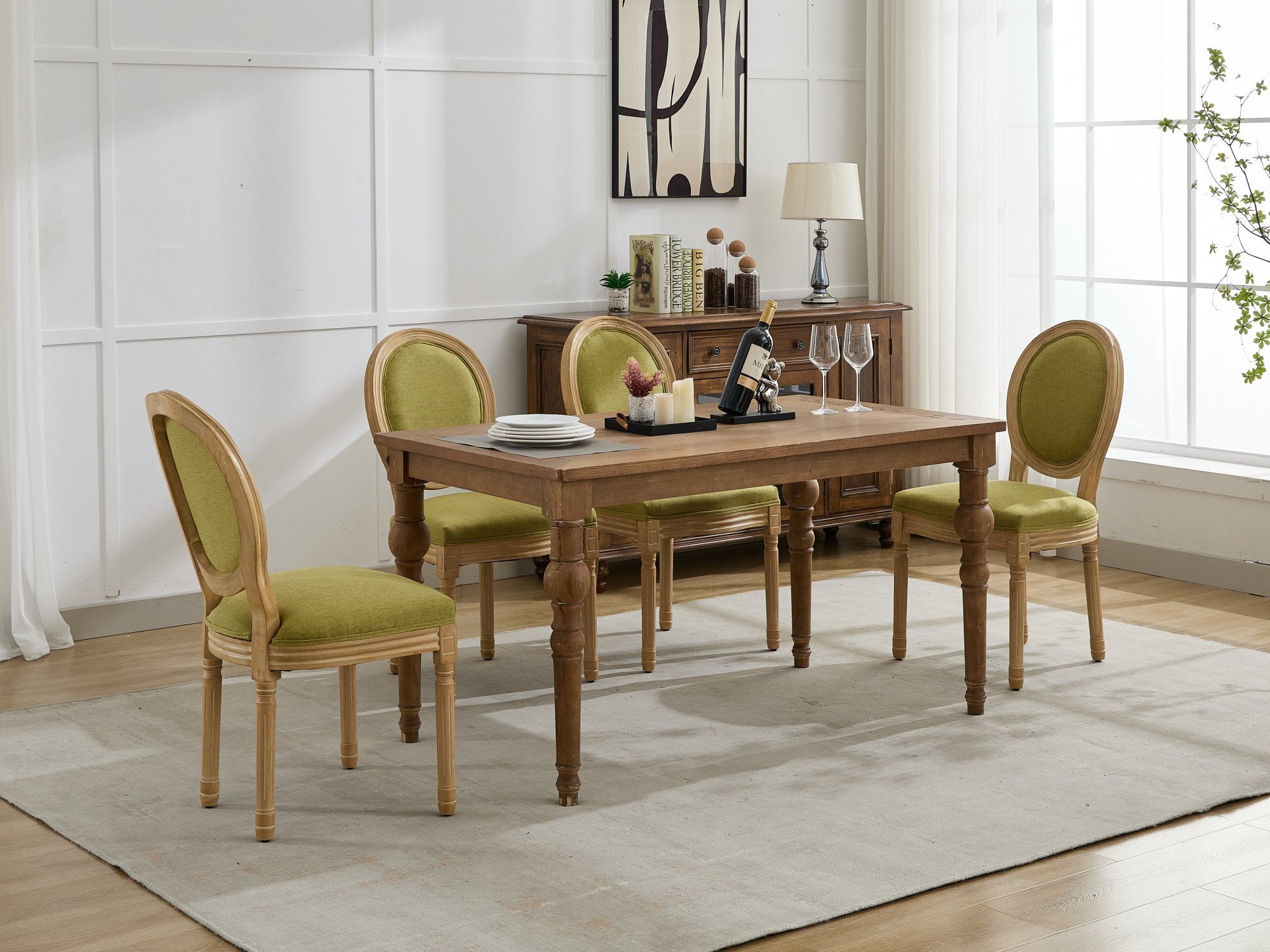 French Style Solid Wood Frame Linen Fabric Back Dining Chair (Set of 2)