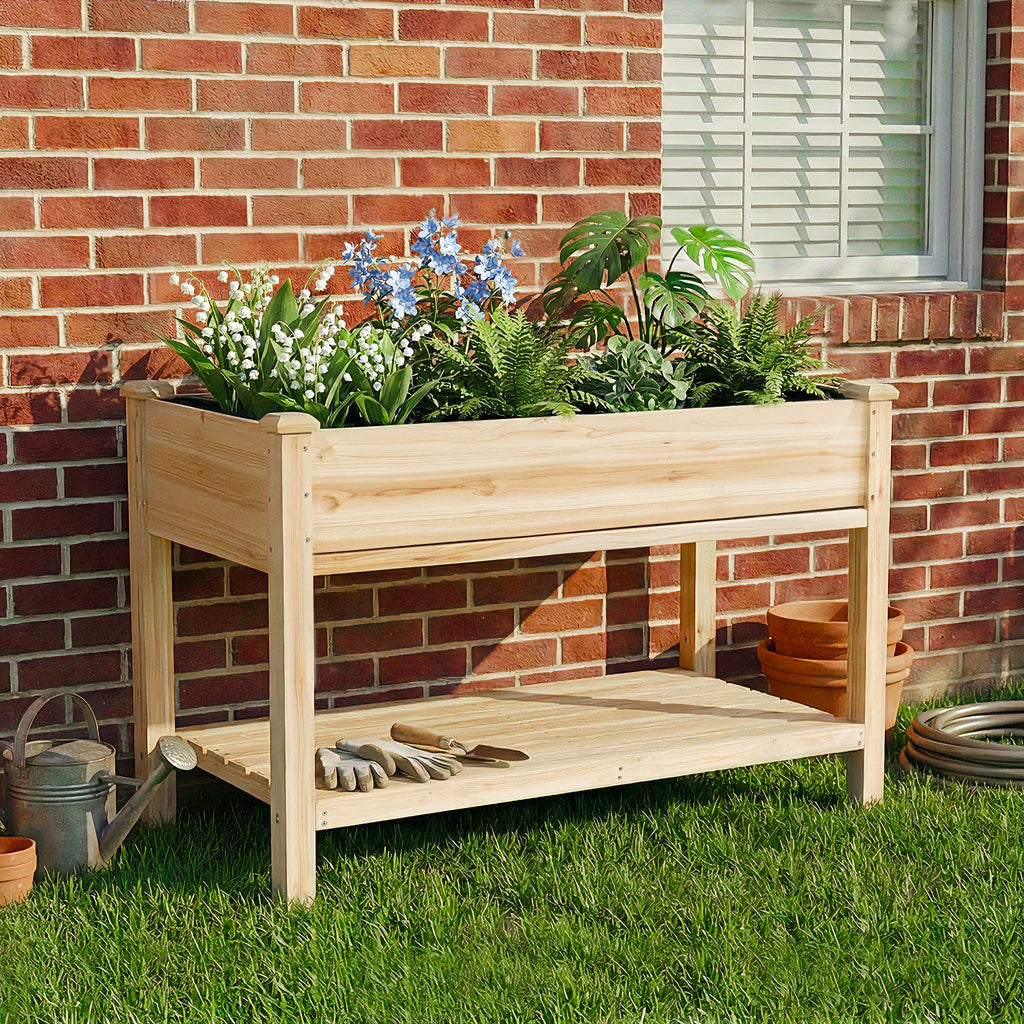 Outdoor Raised Garden Bed 48"x23"x31" with Water Tray, Storage Shelf & Protective Liner