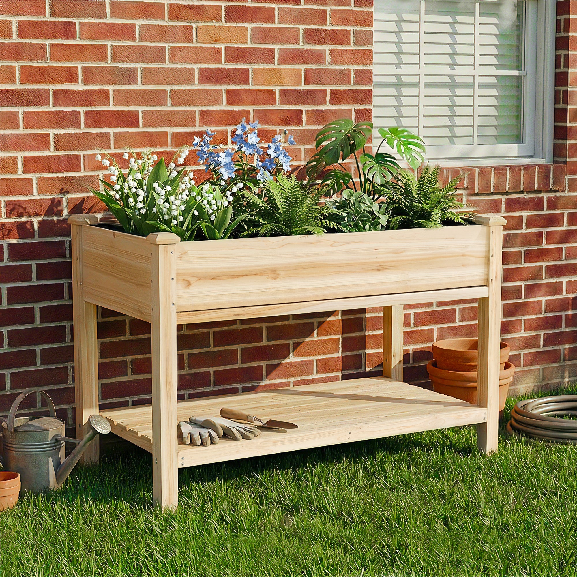 Outdoor Raised Garden Bed 48"x23"x31" with Water Tray, Storage Shelf & Protective Liner